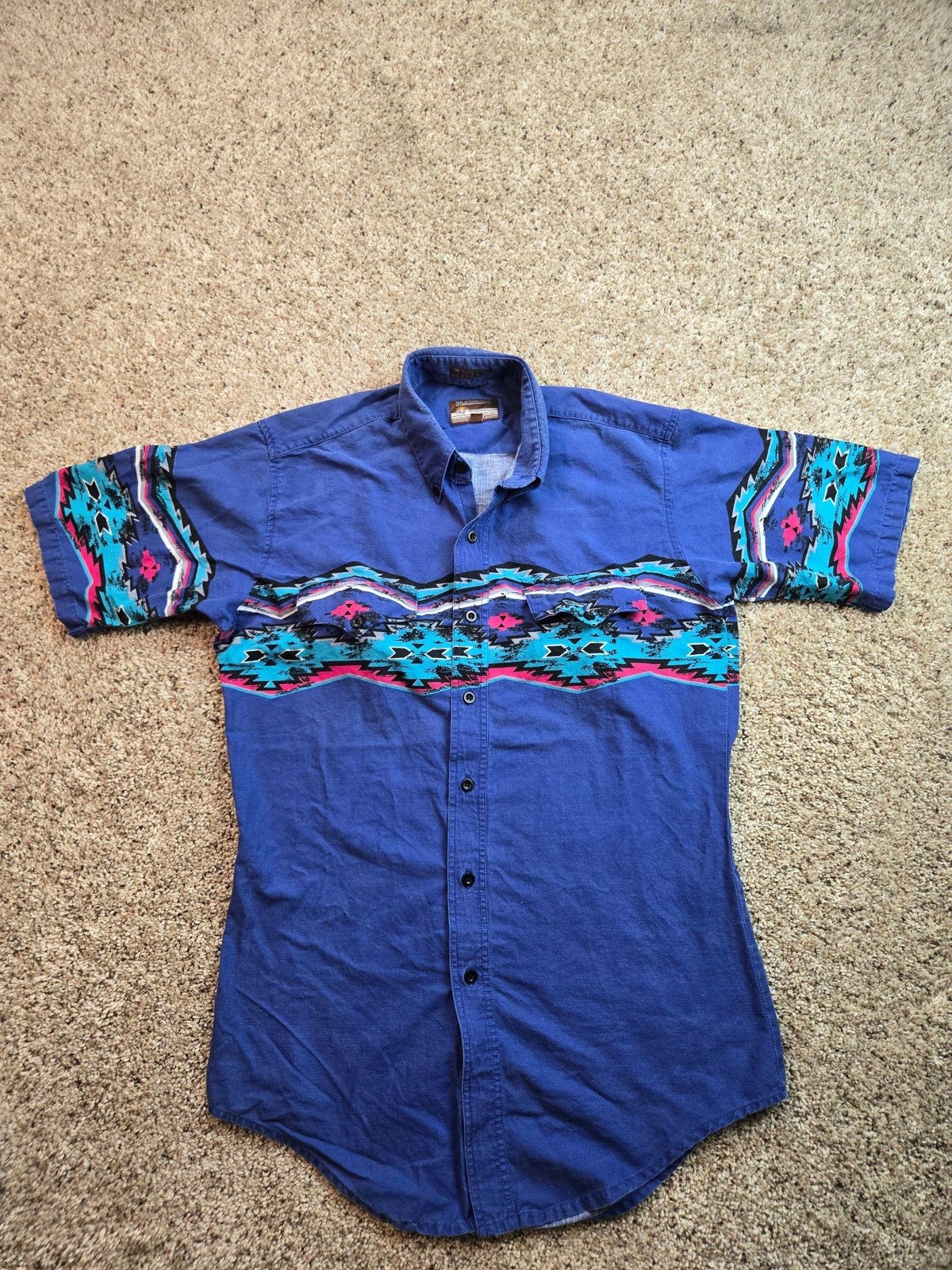 Vintage Plainsman Shirt Mens Medium Blue Southwestern Aztec Western Short Sleeve