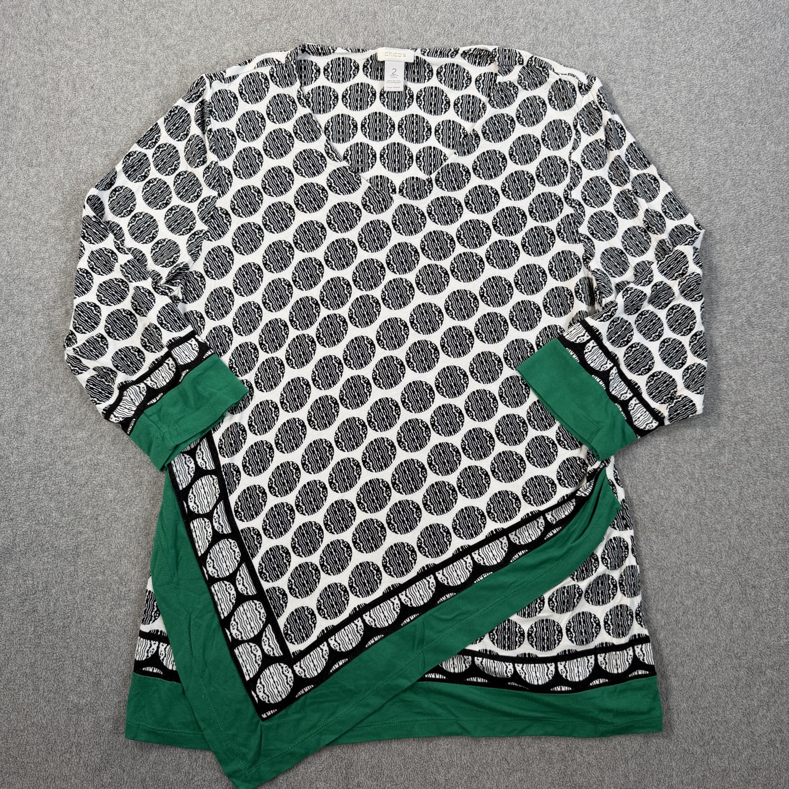 Chico’s Size 2 Large Black White Green Polka Dot Asymmetrical Tunic Top V-neck