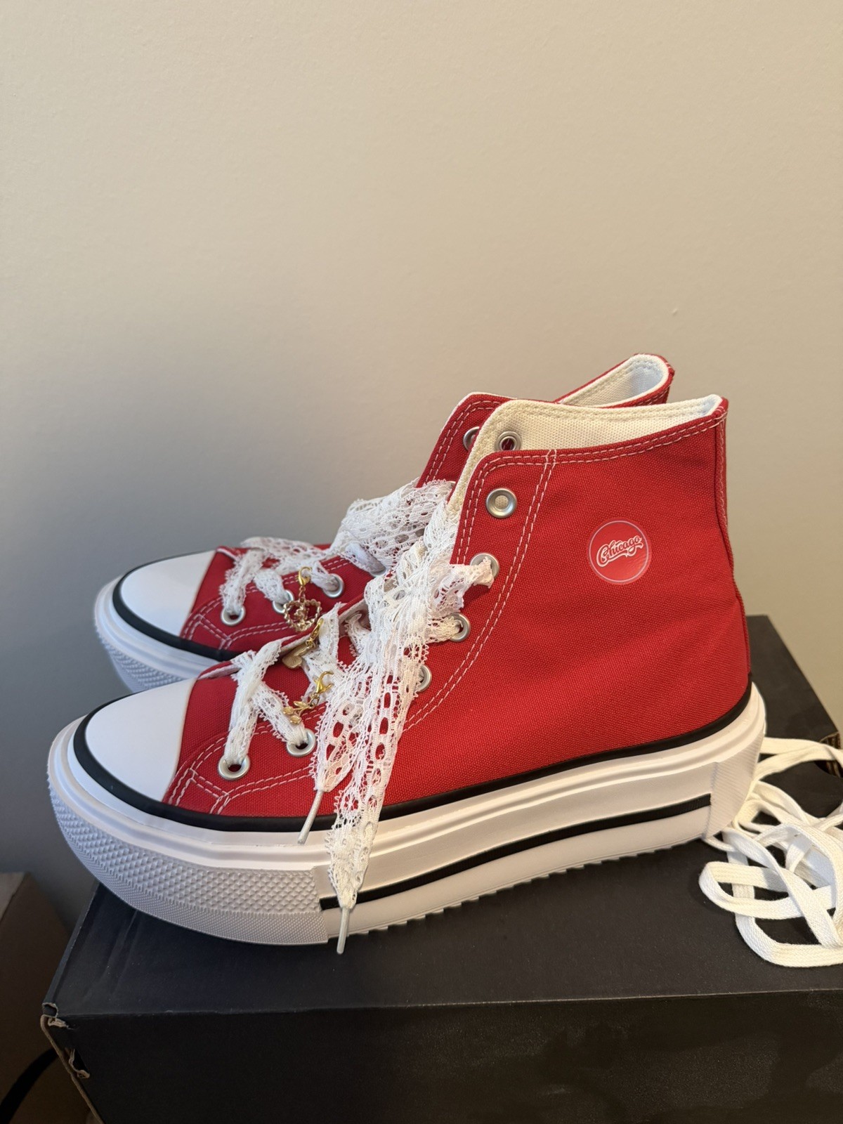 Converse CTAS Lift Double Stack Hi Red Platform Chicago Custom with Charms W9/M7