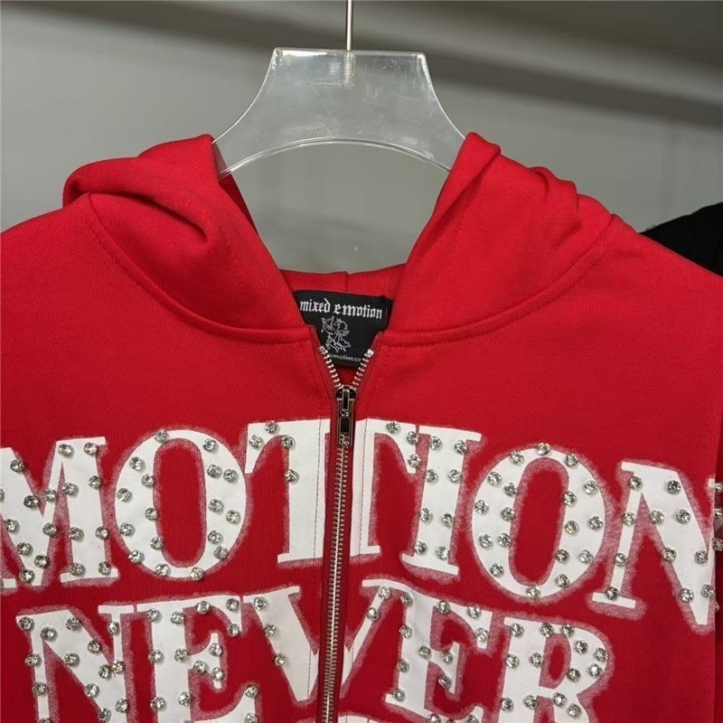 Mixed Emotion – Beaded Letter Print Zippered Hooded Sweatshirt