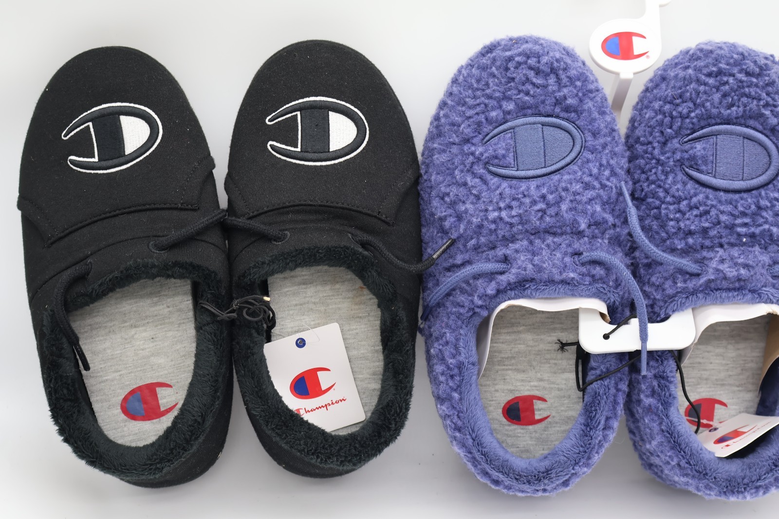 Champion Black, Blue & Grey Logo Slip-On Slippers Faux Fur Lined Non-Slip W9/M7