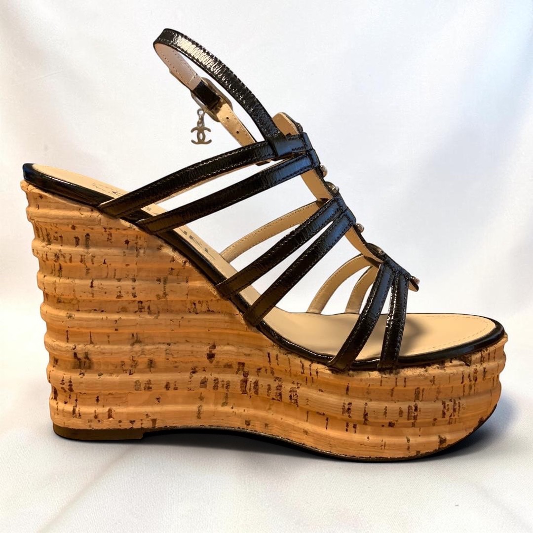 CHANEL CC Logo Coco Mark Patent Leather Strappy Cork Wedge Sandals US 5
