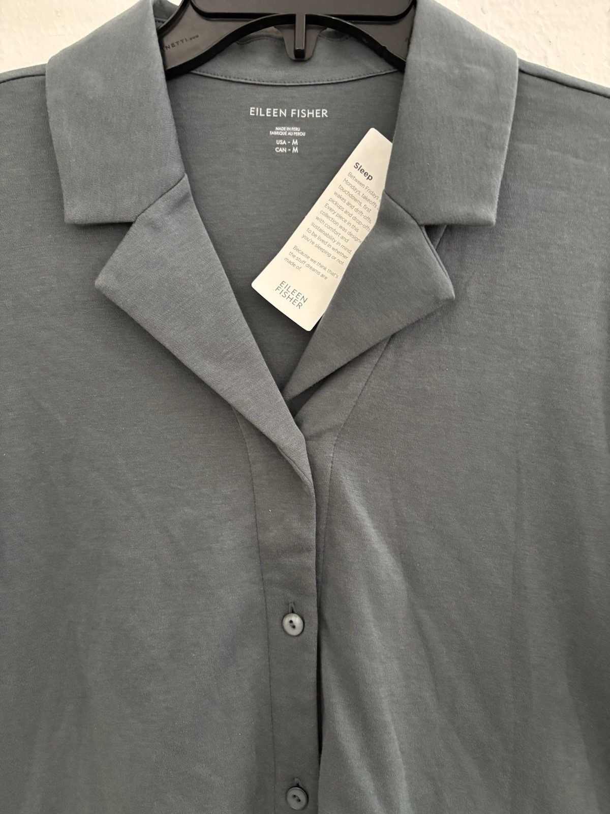 Eileen Fisher Organic Cotton Interlock Notch Collar Sleep Shirt Eucalyptus M NWT
