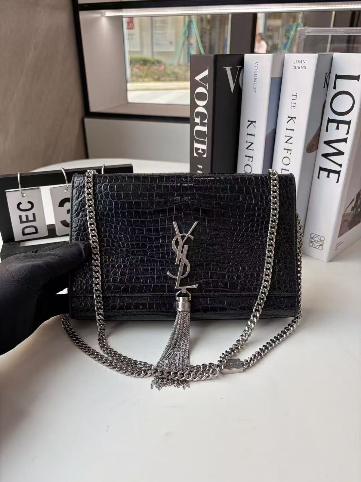 Yves Saint Laurent Black Kate Embossed Leather Tassel Chain Shoulder Bag AUTH