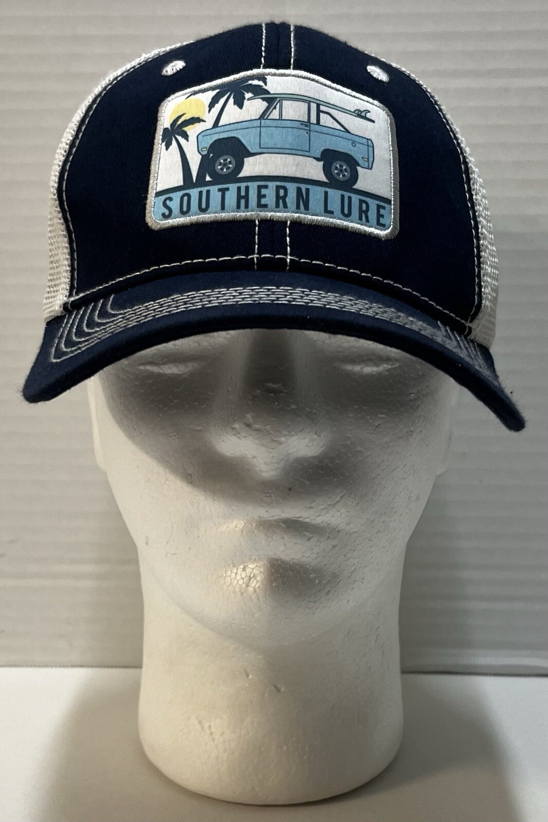 Southern Lure Mesh SnapBack Ball Cap Hat Front Patch Logo Bronco Surfboard EUC