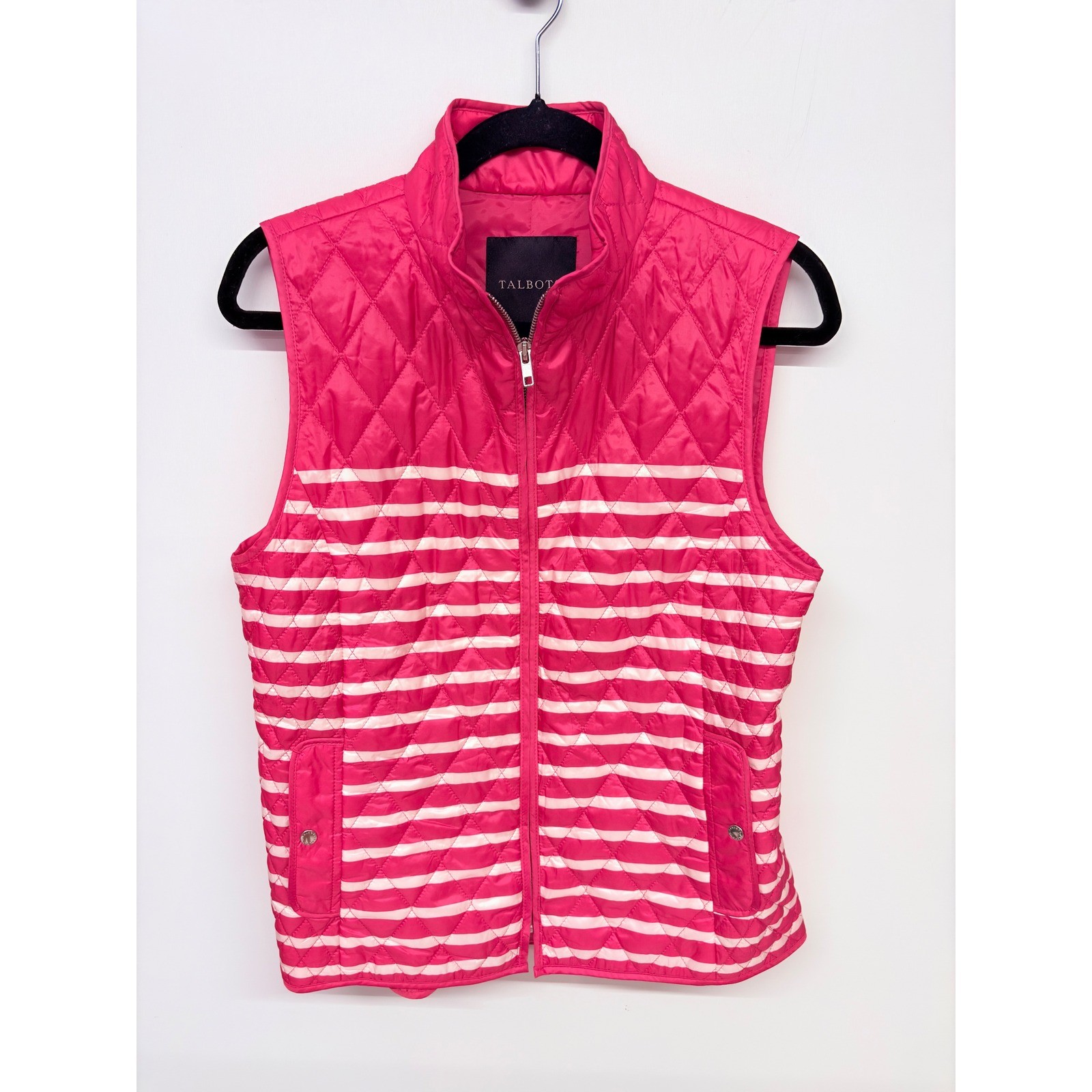 Talbots Preppy Quilted Puffer Vest Womens Medium Pink Striped Nautical Coastal