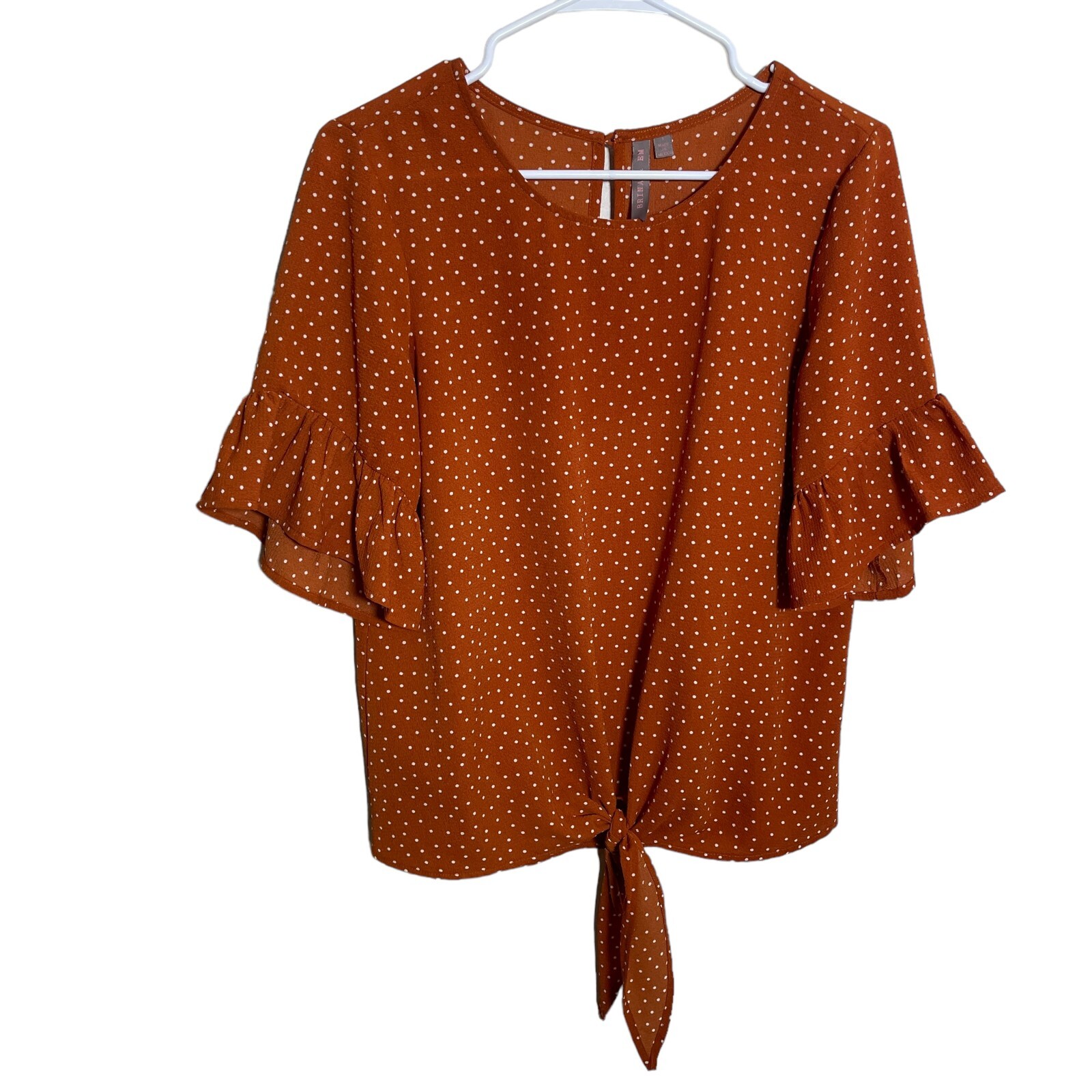 Brina & Em Blouse Women’s Small Orange Polka Dot Short Sleeve Tie Ruffle Top