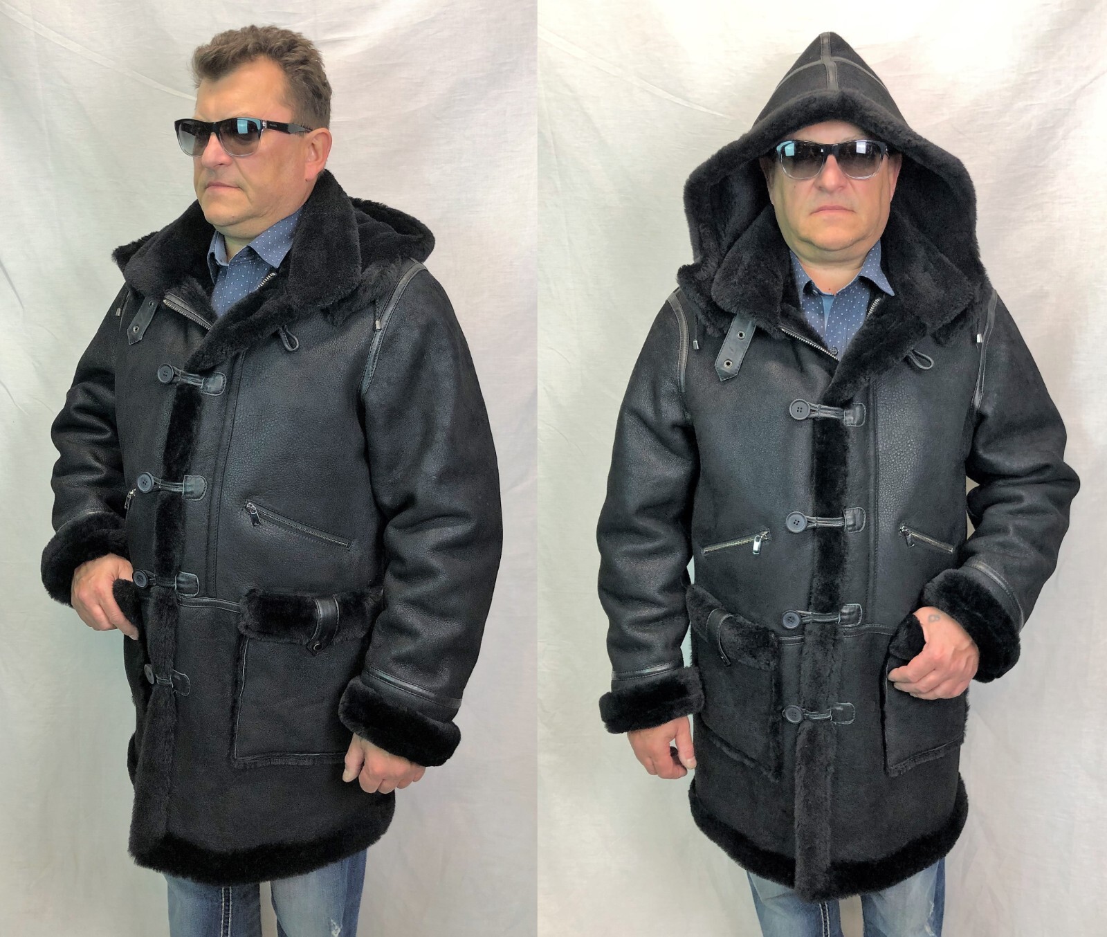BLACK 100% REAL SHEEPSKIN SHEARLING LEATHER B7 Parka Trench Coat Jacket XS-8XL