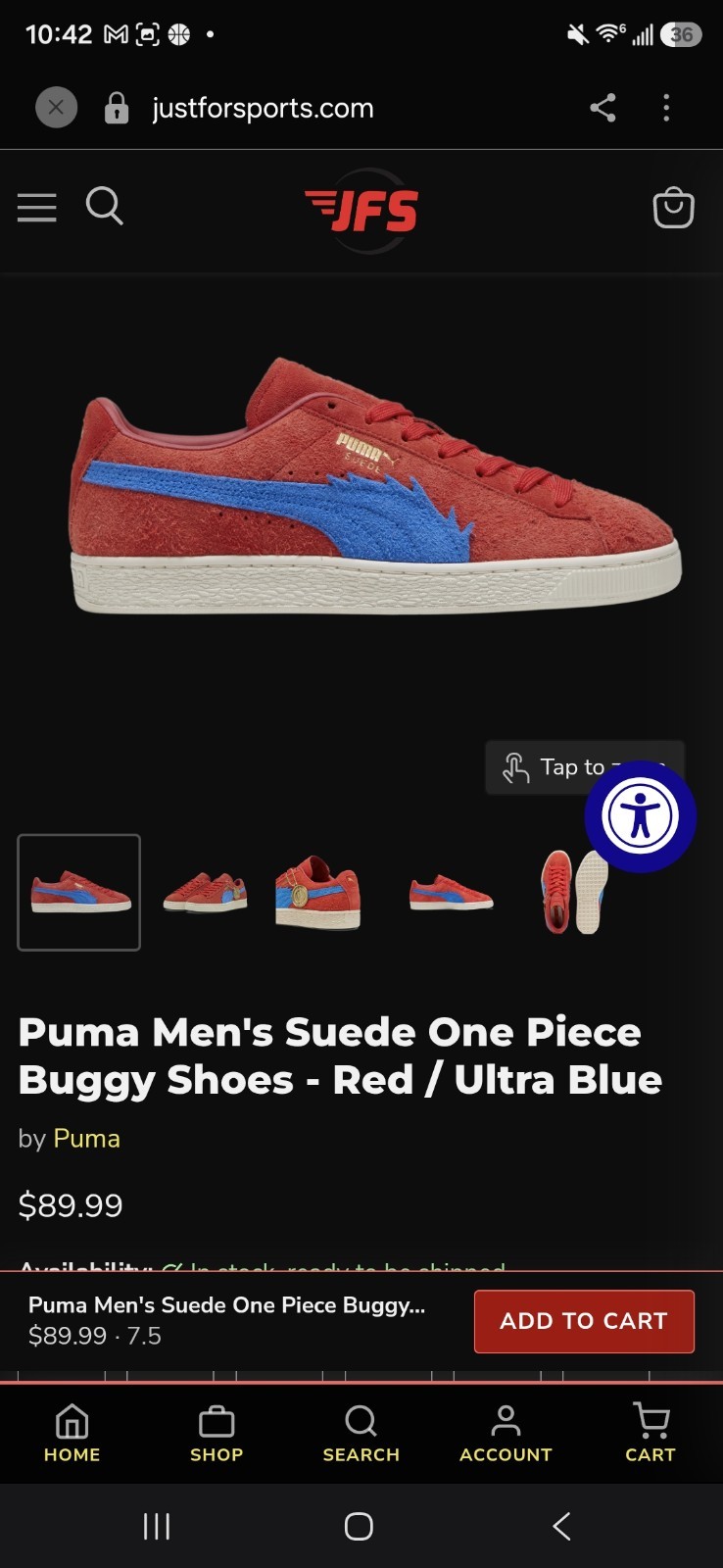 PUMA Suede One Piece Buggy Low Top Lace-Up Sneakers Red/Blue w/ Box Laces