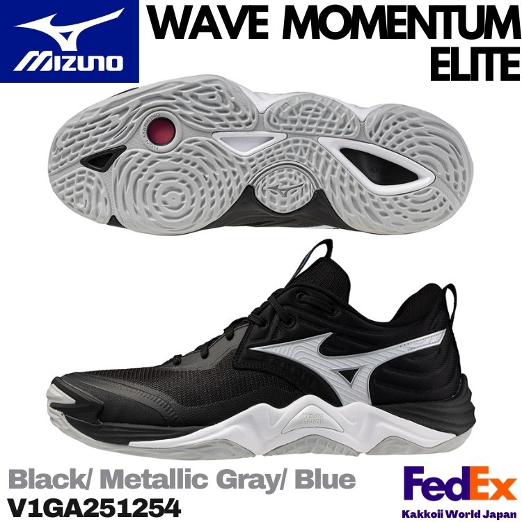 Mizuno Volleyball Shoes WAVE MOMENTUM ELITE Black/Metallic Gray/Blue V1GA251254
