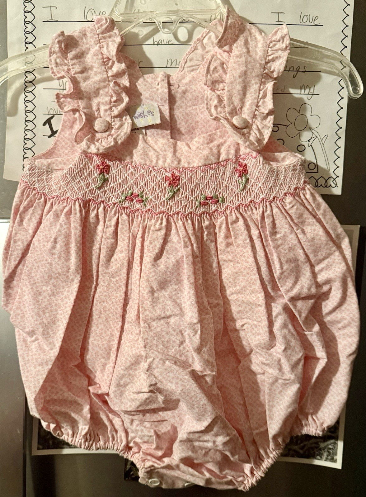 Secret Wishes Girls Pink White Floral Smocked Ruffle Romper One-Piece 6M
