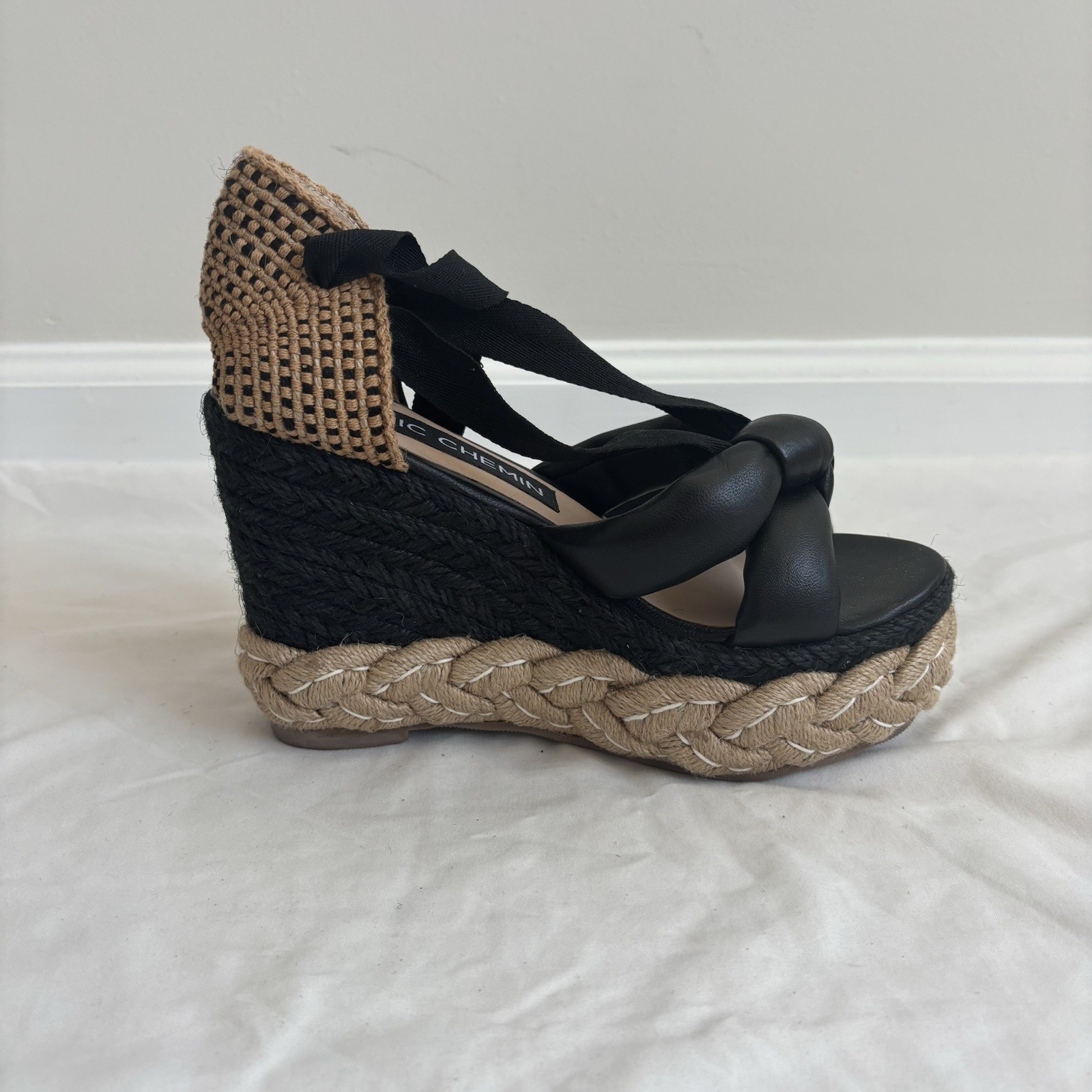 Chic Chelle Women’s Black Wedge Espadrille Sandals Ankle Wrap Tie EU 36