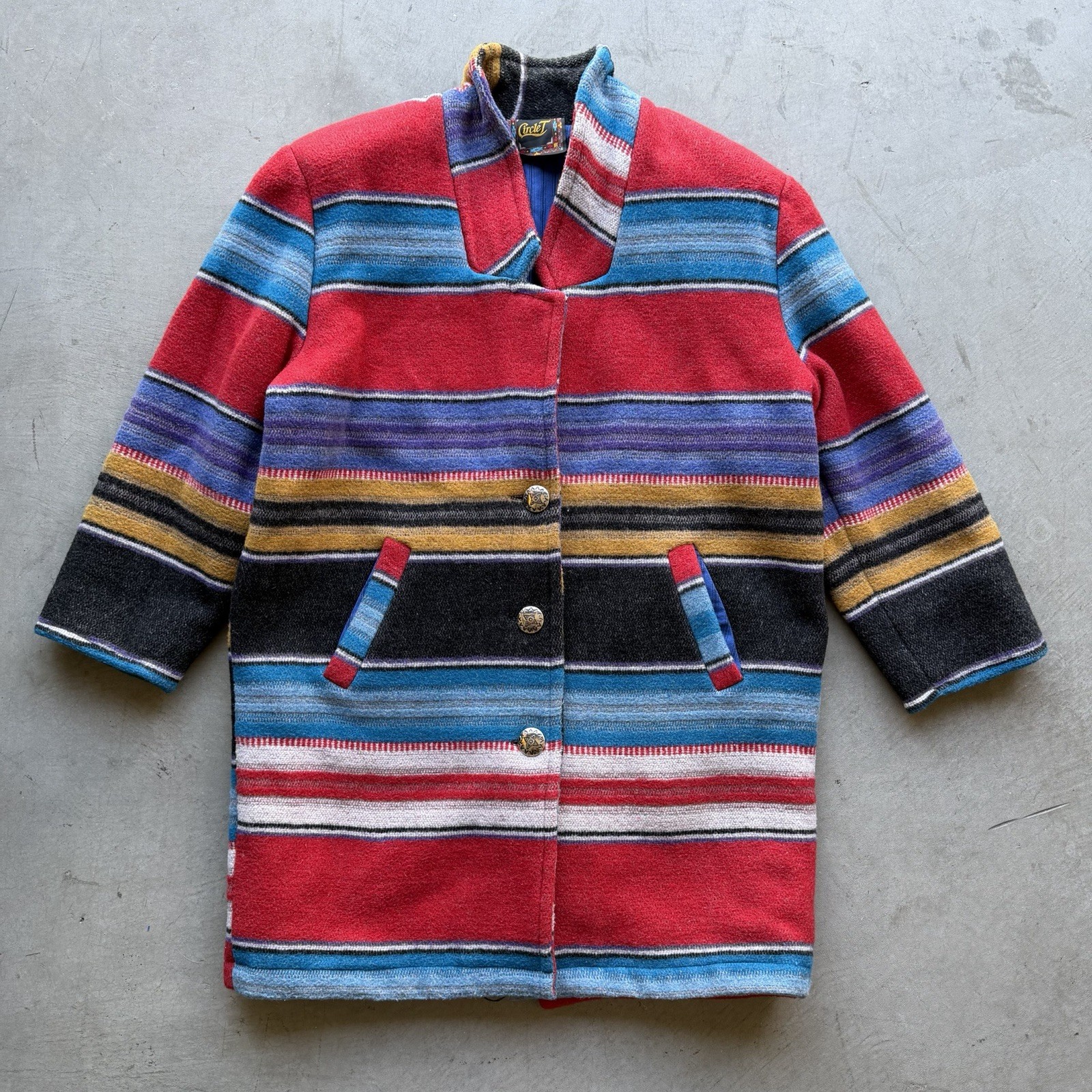 Vintage 70s Circle T Roughrider Womens L USA Wool Serape Coat Jacket Western