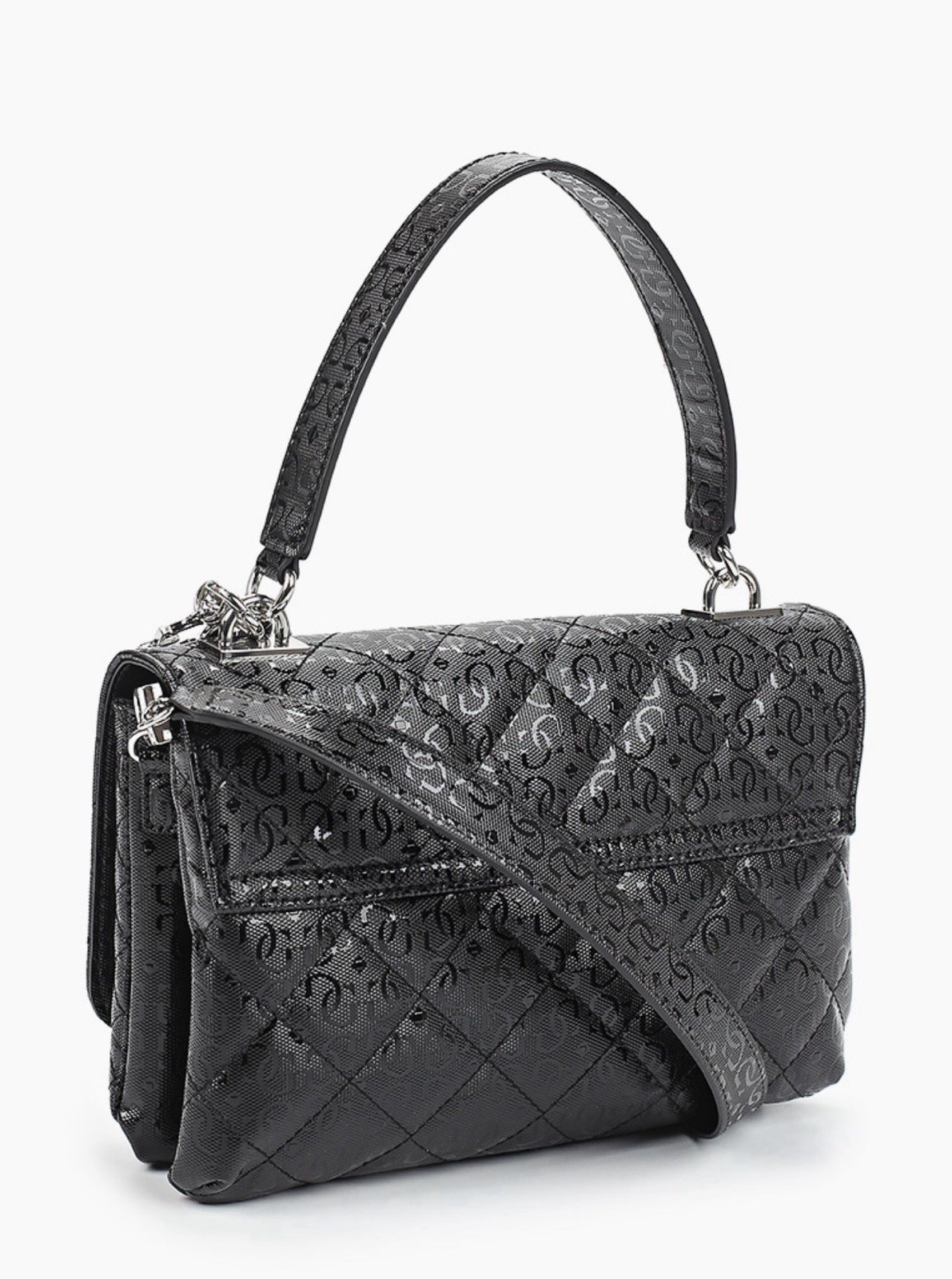 GUESS Logo Quilted Shoulder Bag Black Zip/Magnetic Closure Charm Silver Hardware