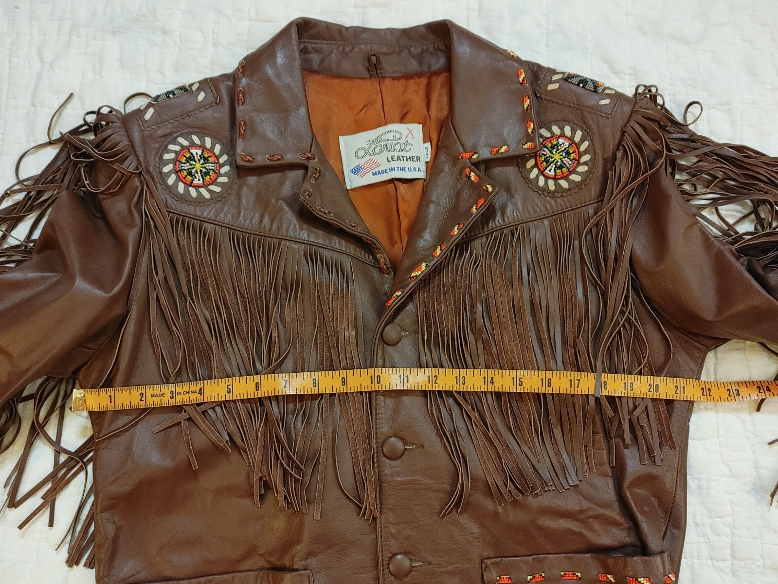 Vintage 70s Lariat Leather Fringe Jacket Beaded Western Cowboy Hippie Ranch USA