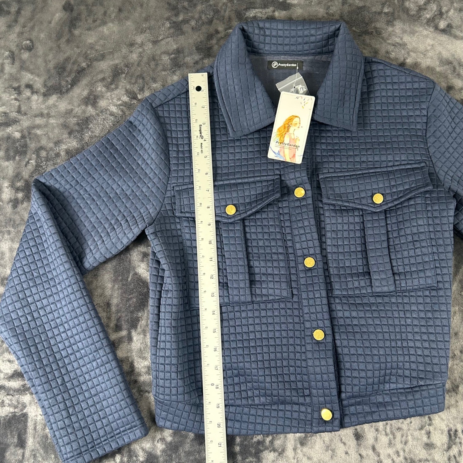 PrettyGarden Quilted Jacket Women Small Blue Button Up Cropped Waffle Knit 6005