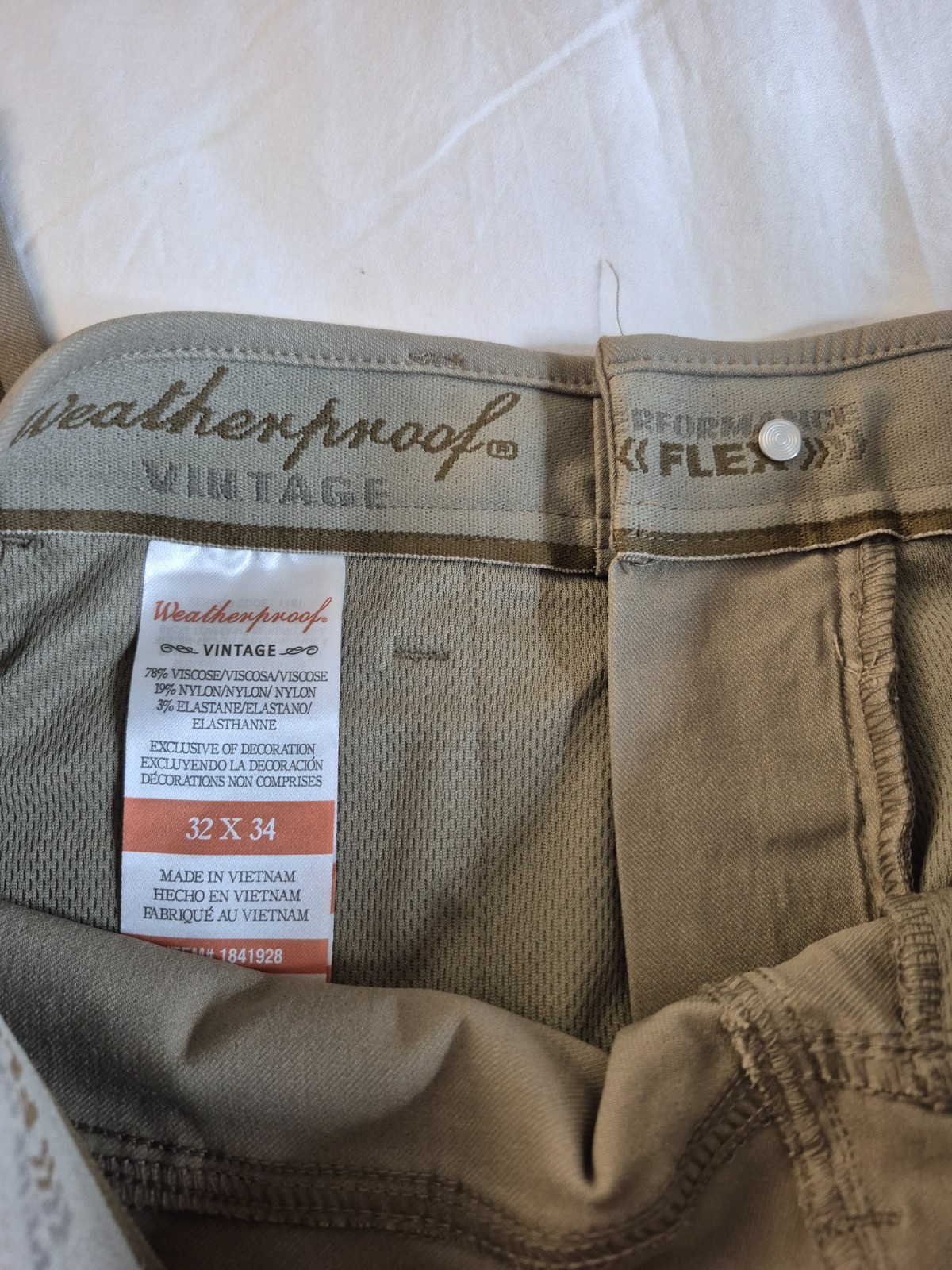 Weatherproof Vintage Men’s Tech Pant Straight Water Resistant TAN 32×34, NEW