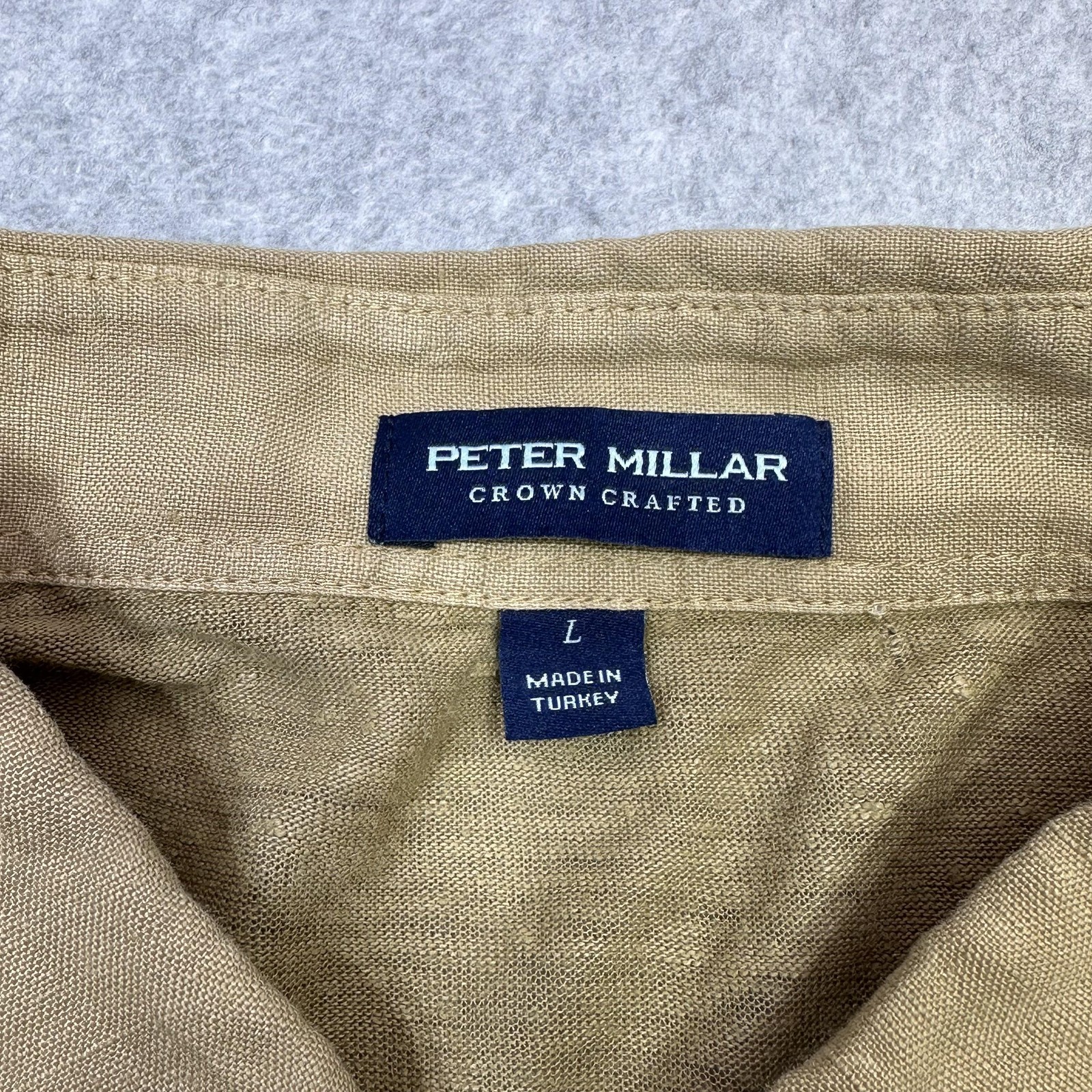 Peter Millar Greystone Polo Shirt Mens Large Beige Linen Crown Crafted Summer