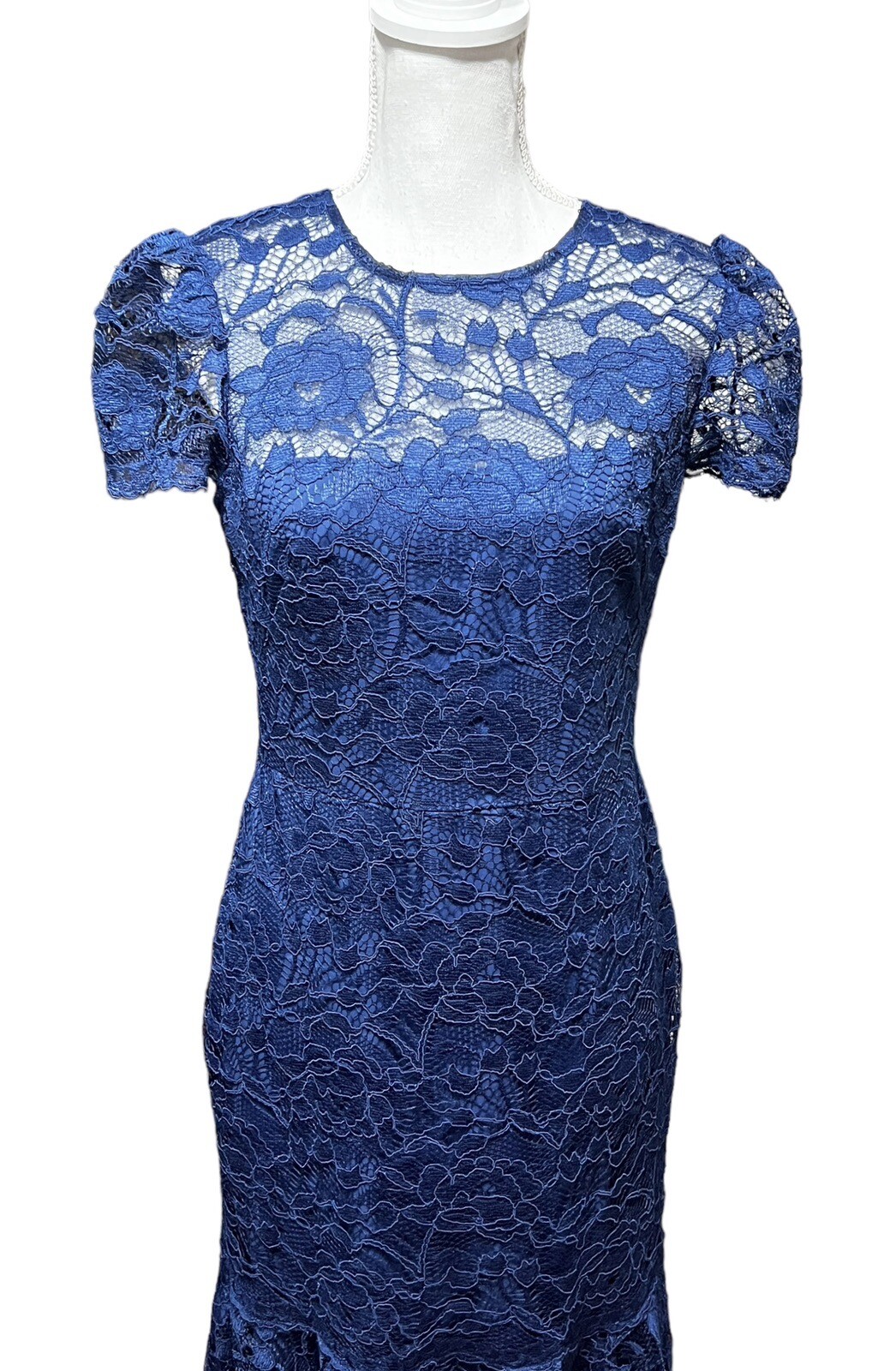 Gal Meets Glam Eve Illusion Lace Ruffle Hem Short Sleeve Midi Dress Navy Size 8