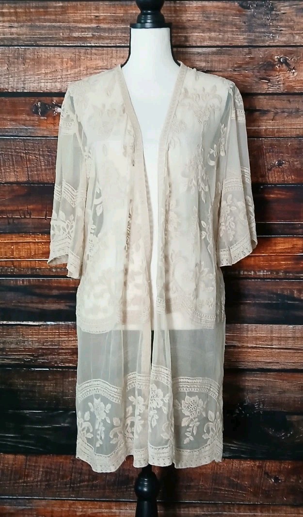 Miss Chievous S M Sheer Embroidered Lace Mesh Kimono Cardigan Top Doeskin NWT