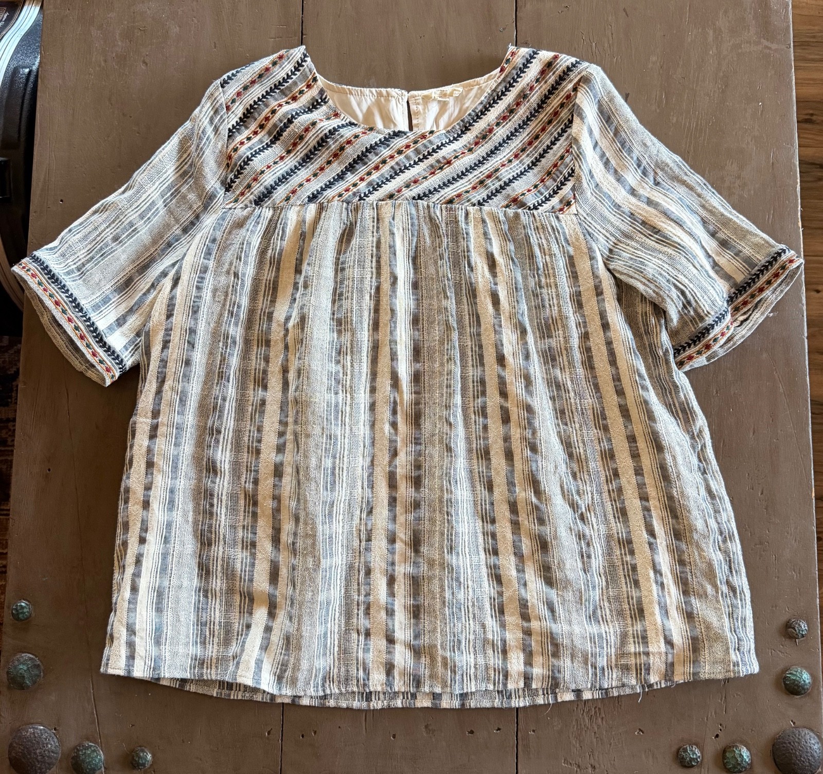 Orange Creek Boho Cream and Blue Lined Blouse Size L