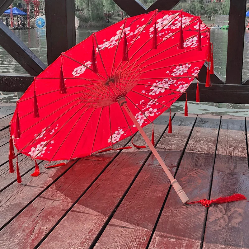 Cloth Parasol Umbrella 82cm Long Handle Silk Tassel Hanfu Cosplay Photo Prop