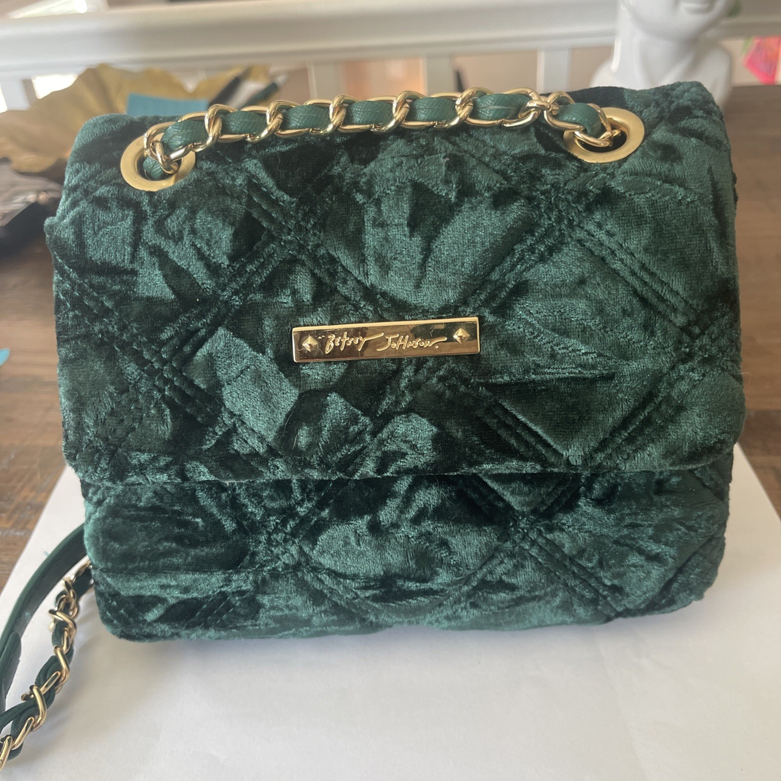 Betsey Johnson Small Purse/ Crossbody Green Velvet Quilted Chain Strap