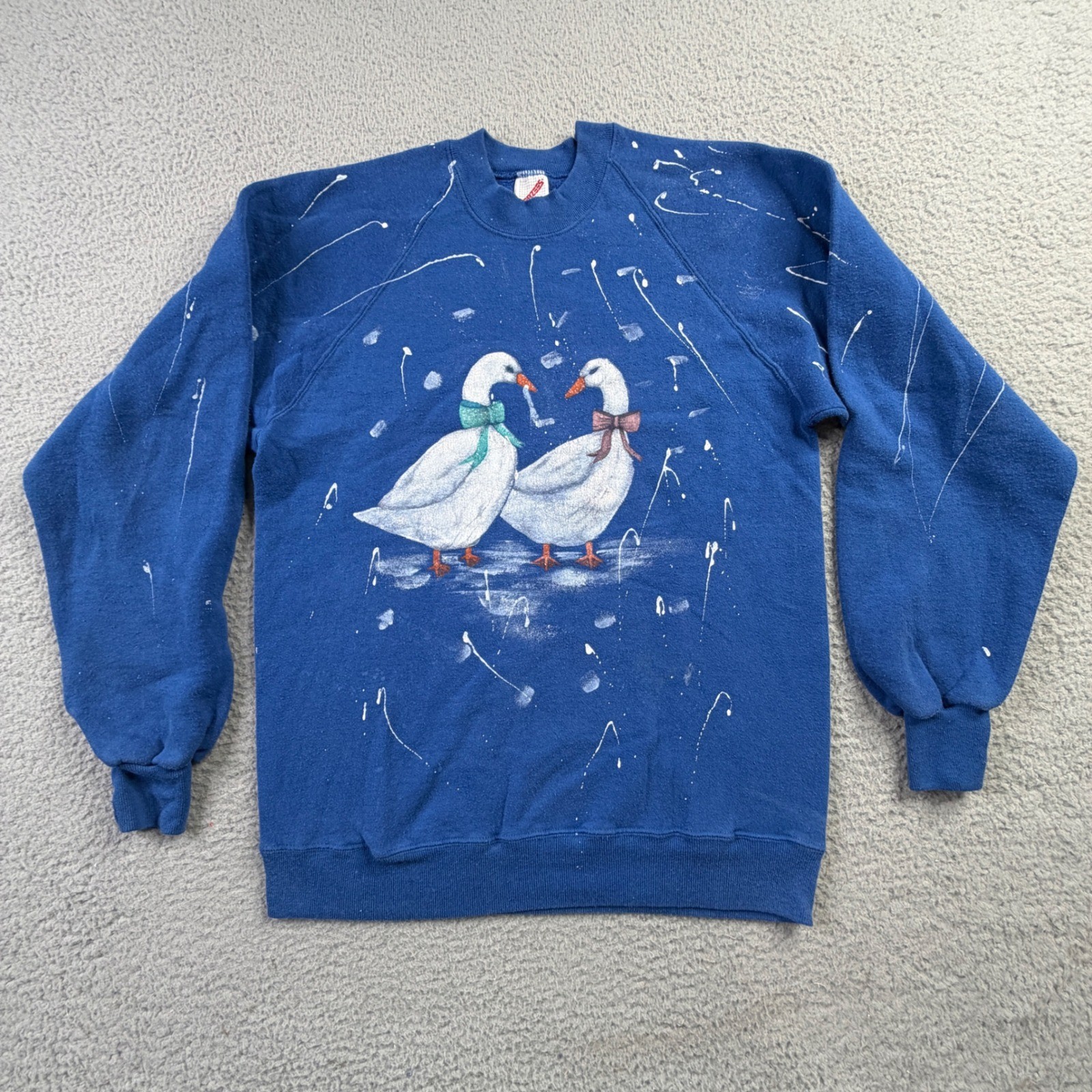 Vintage Jerzees Blue Goose Hand Painted Splatter Sweatshirt Womens L Made USA