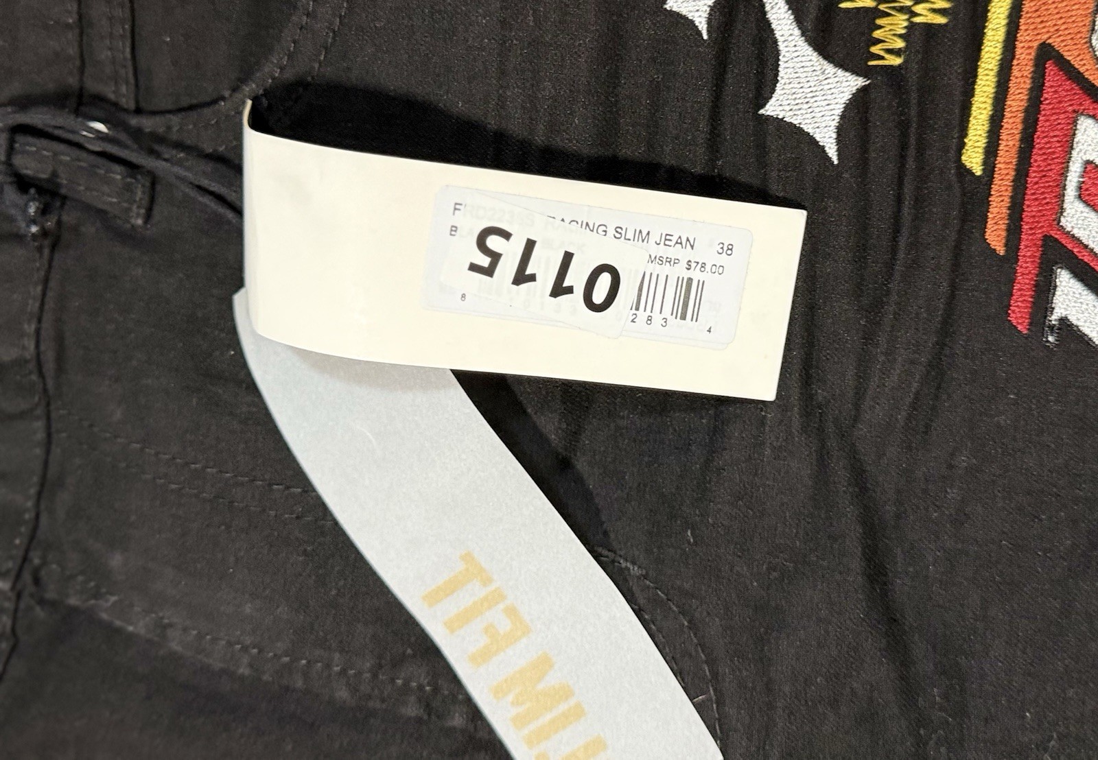 First Row Downtown La Racing Slim Fit Jeans Men’s Size 38×32 Black Patchwork NWT