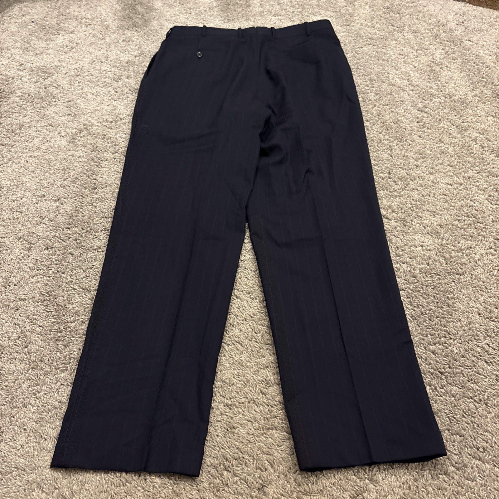 Tom James Mens 42R Pinstripe 2 Piece Suit Blue Corporate Image Pleated 36×32