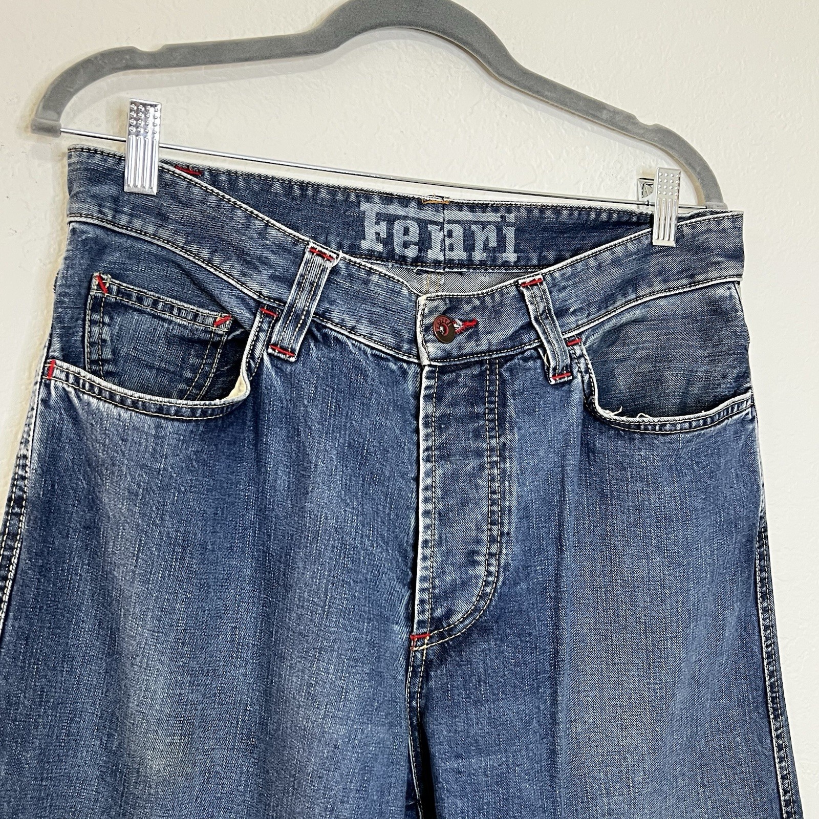 VTG Ferrari Button Fly Blue Denim Jeans Leather Logo Italian Men’s 33×30.5 IT 50