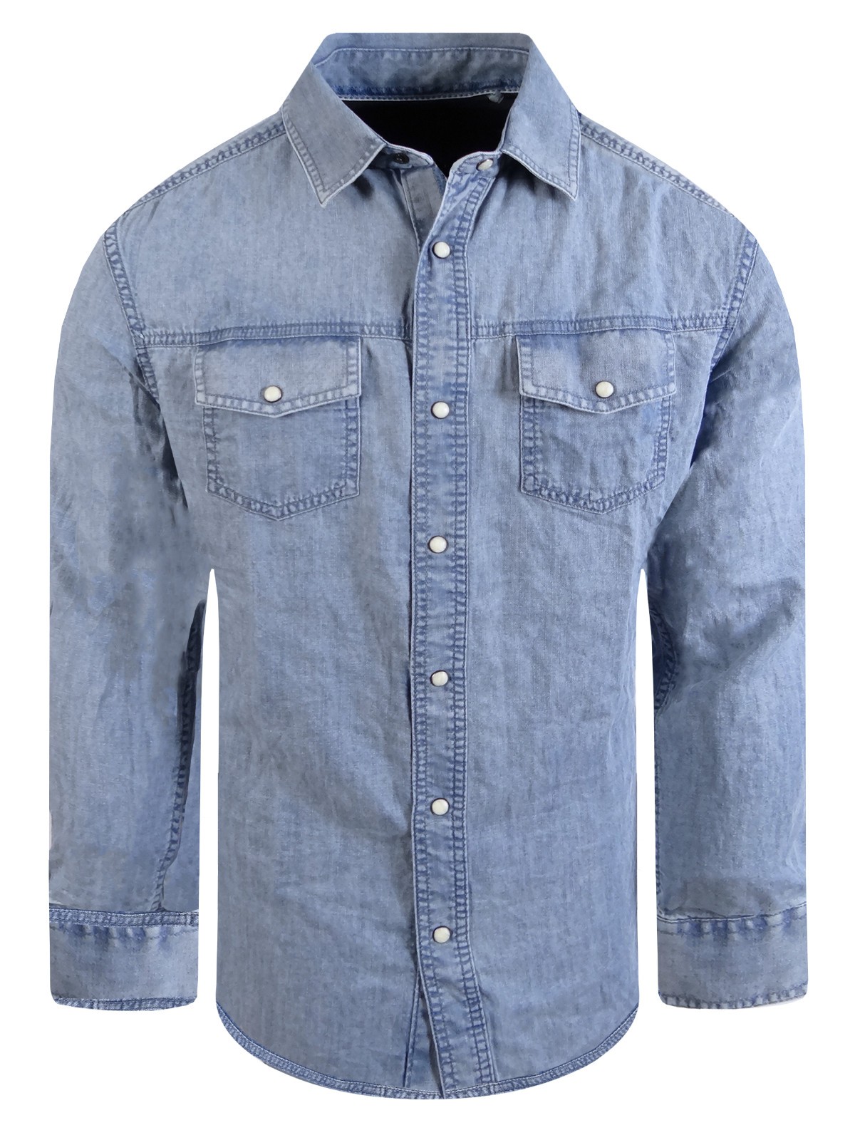 Denim Shirt Light Blue Wash Cotton Men Western Snap Pocket Flaps Matching Stitch