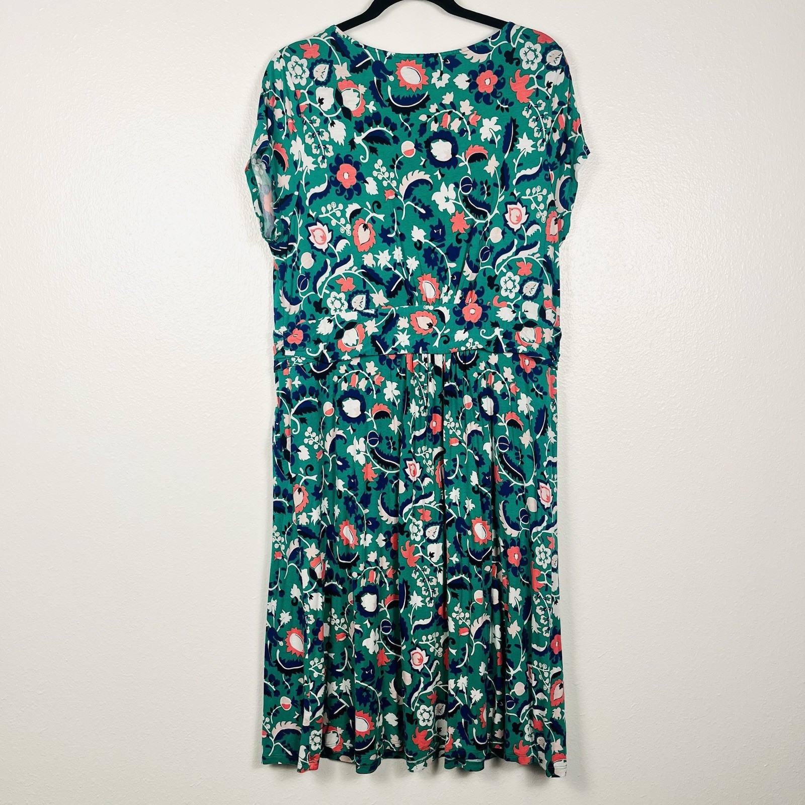 Boden Size 16/18 Amelie Green Floral Jersey Short Sleeve Draped Sheath Dress