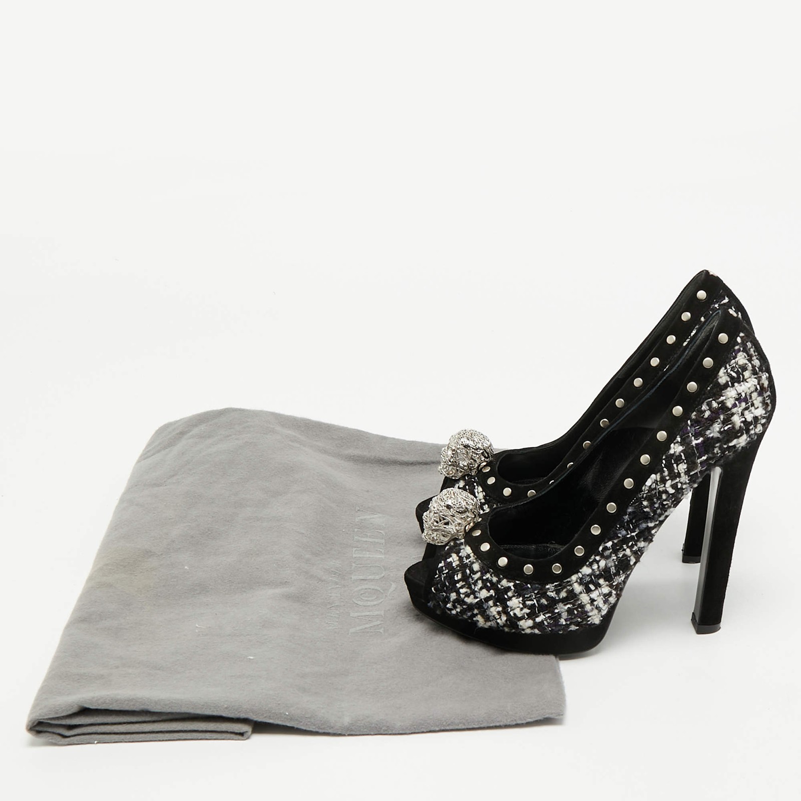 Alexander McQueen Skull Size 38 Black Suede and Tweed Peep Toe Pumps