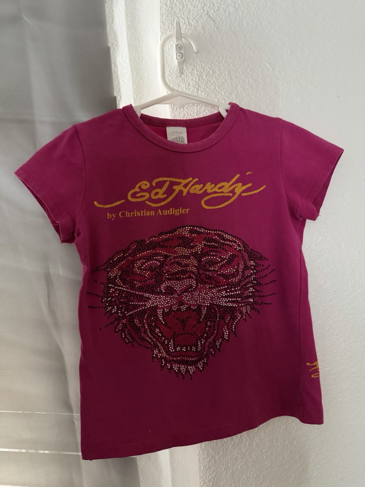 Ed Hardy Pink Rhinestone Tiger Graphic Print Crew Neck T-Shirt Short Sleeve M