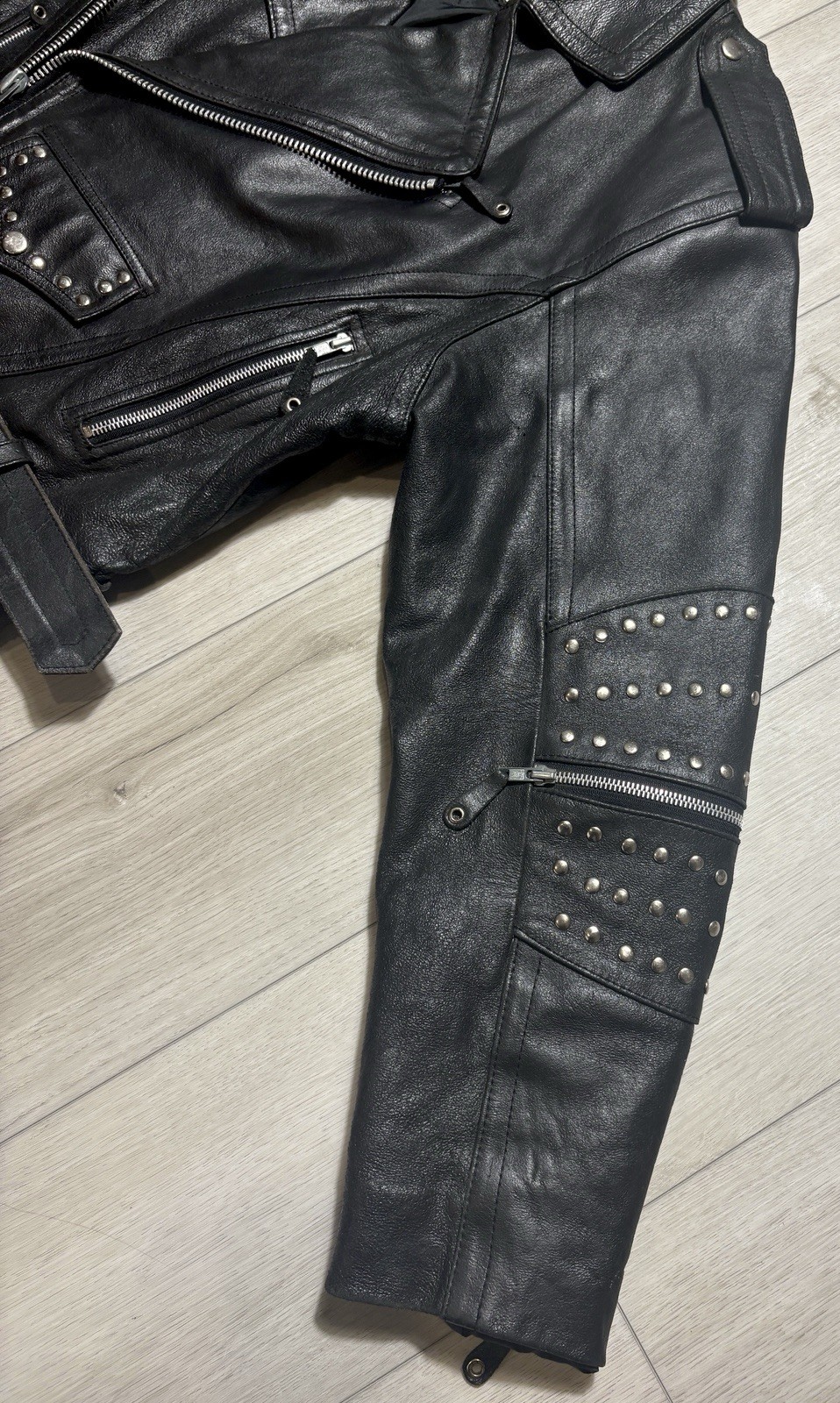 VTG 80s 90s Open Road Studded Leather Moto Jacket Brando Punk Biker Belted M