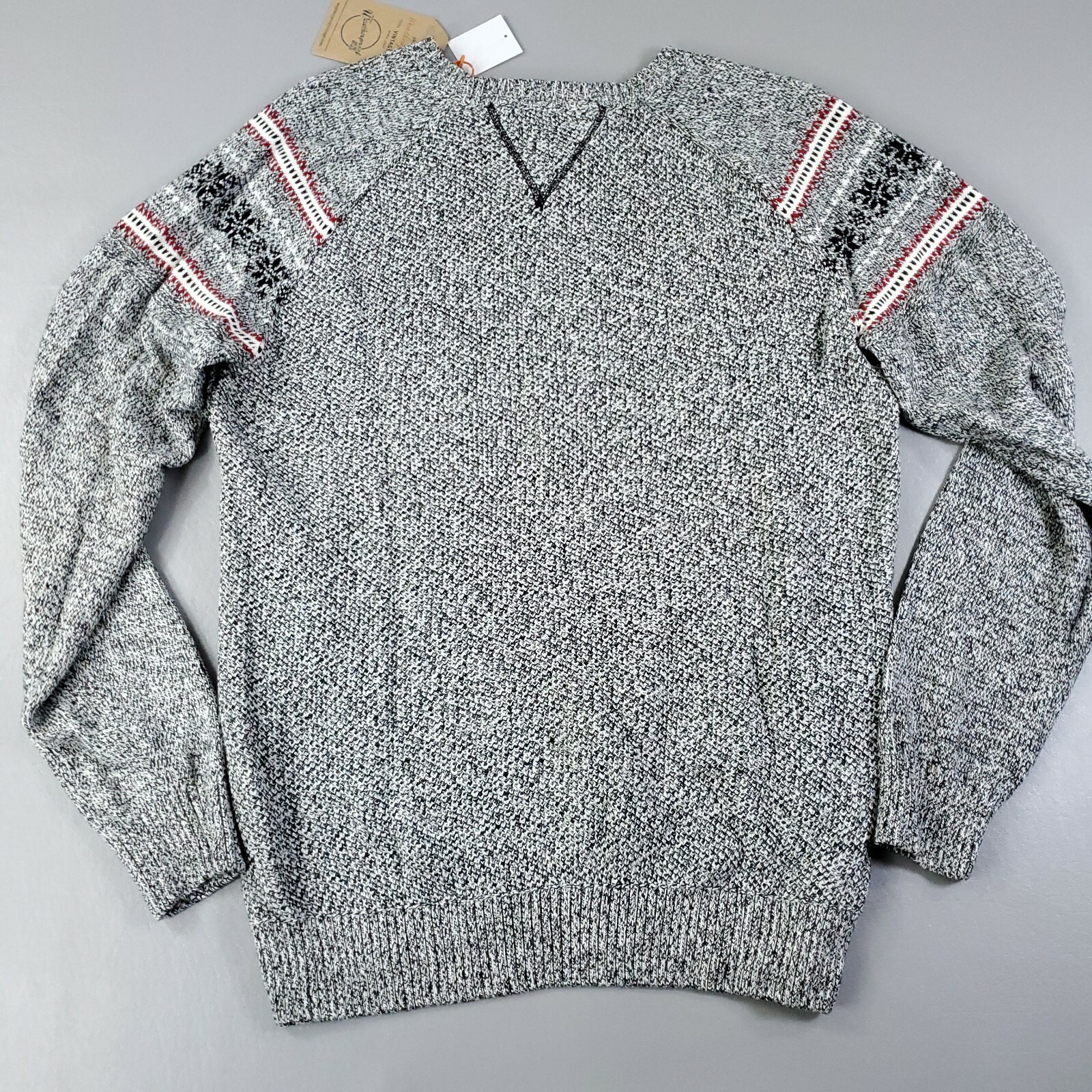 Weatherproof Fair Isle Trim Crew Neck Sweater Mens Medium BLACK IVORY MARL
