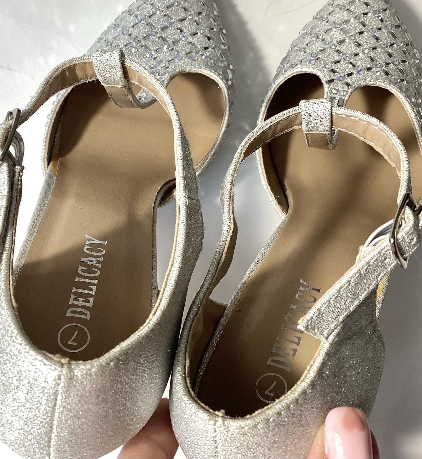 Delicacy Silver T Strap Bedazzled Sparkle Heels 7 Wedding Prom Cinderella