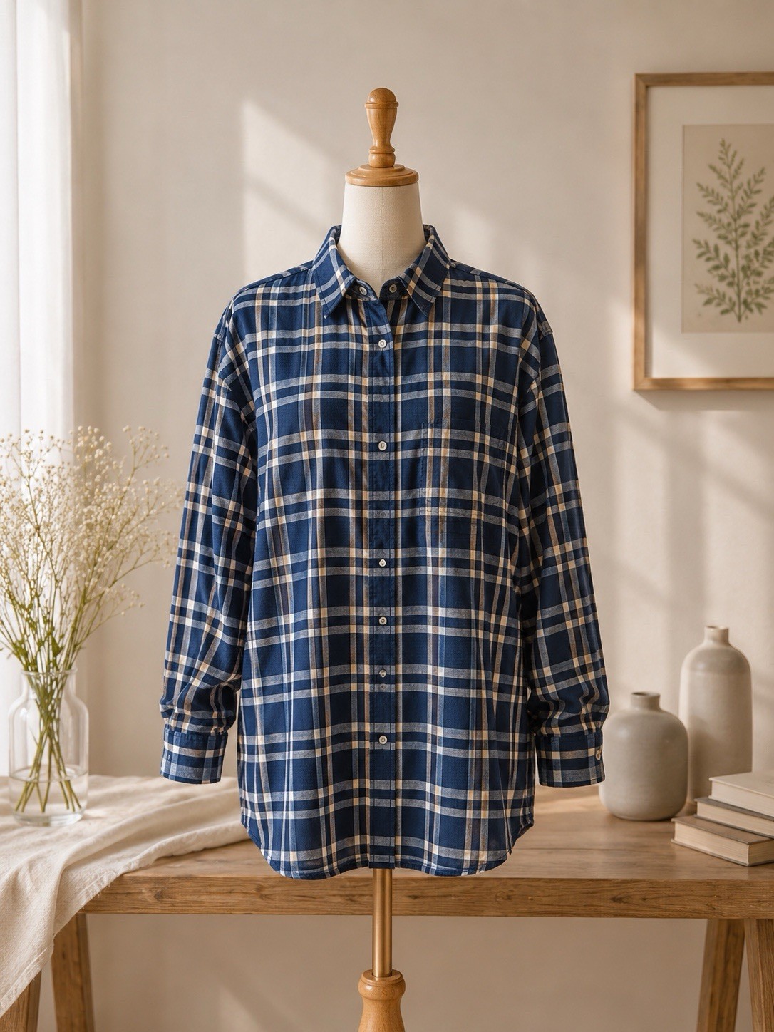 GAP Mens XL Indigo Twill Plaid Shirt Blue Button Front Long Sleeve Cotton