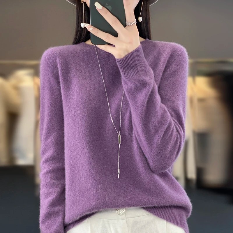 Women 100% Wool Soft Sweater Crew Neck Cashmere Pullover Autumn Winter Casual