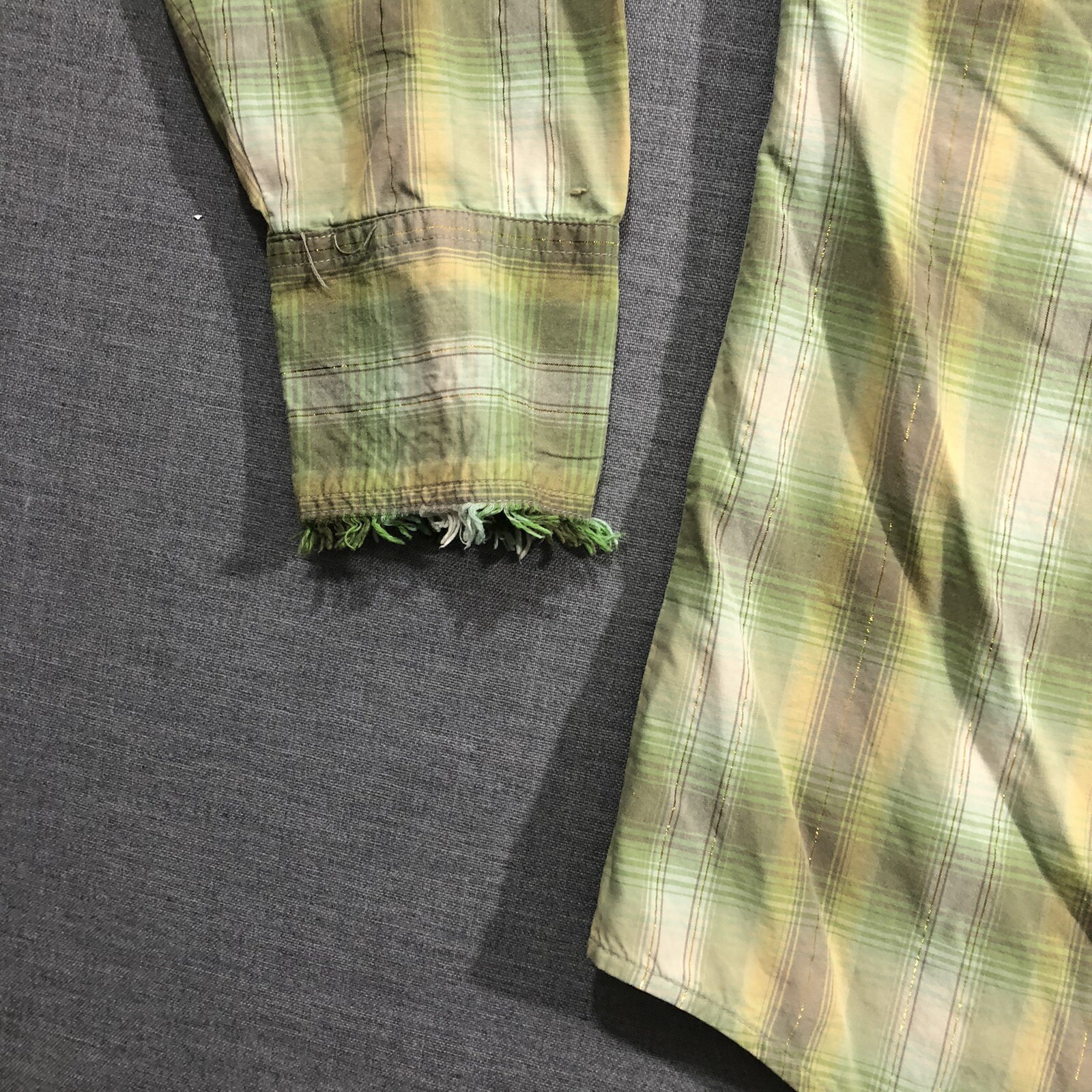 Roper Shirt Mens Large Green Plaid Pearl Snap Western Distressed Fringe Metallic