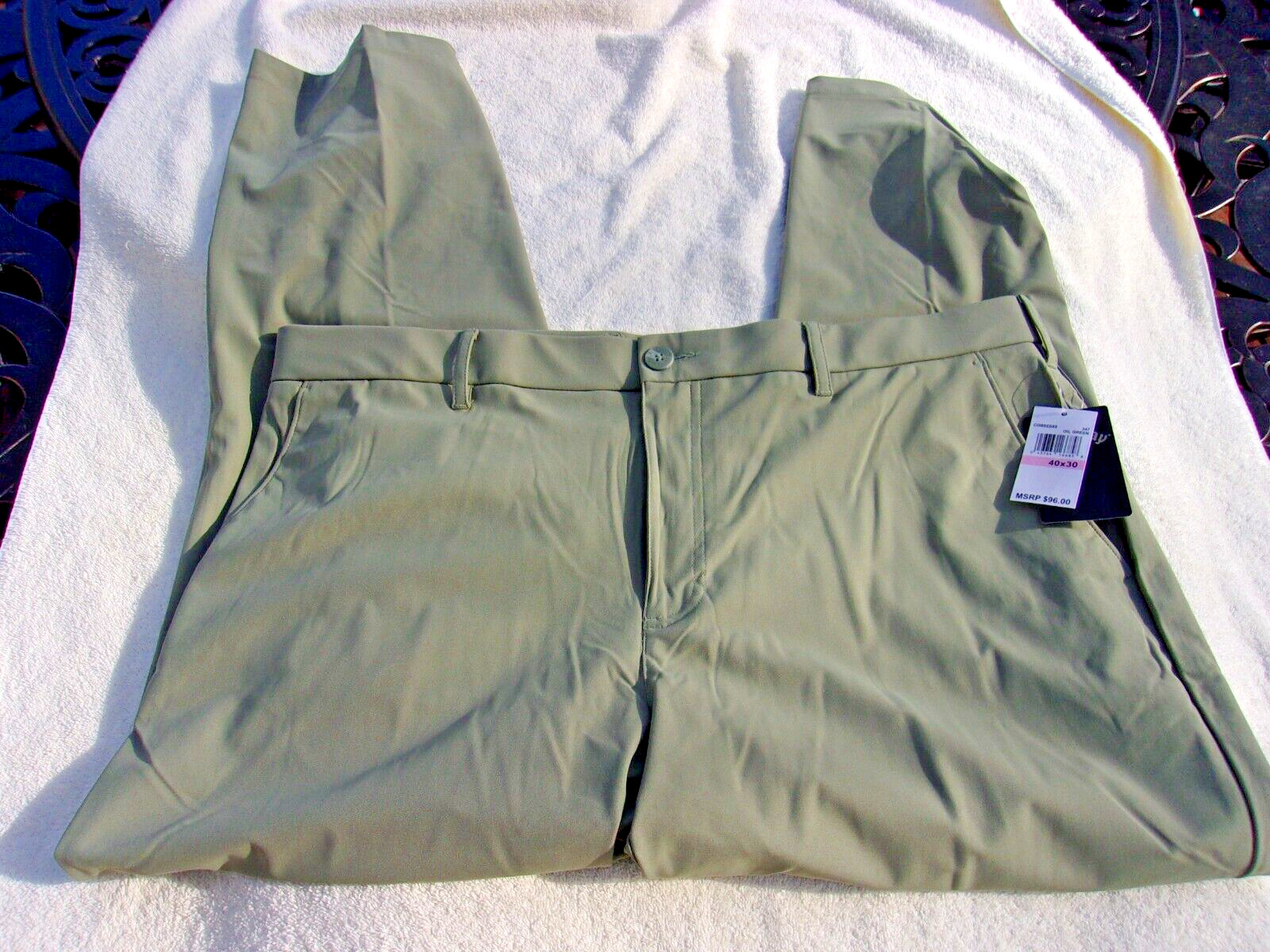 NWT Callaway poly. blend golf pants, men’s 38 x 30, green, or dark khaki, $96