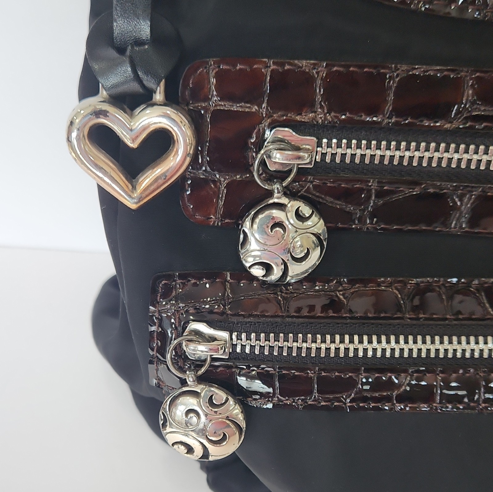 Brighton Black Crossbody Bag, Adjustable Strap, Zip, Pockets, Charm