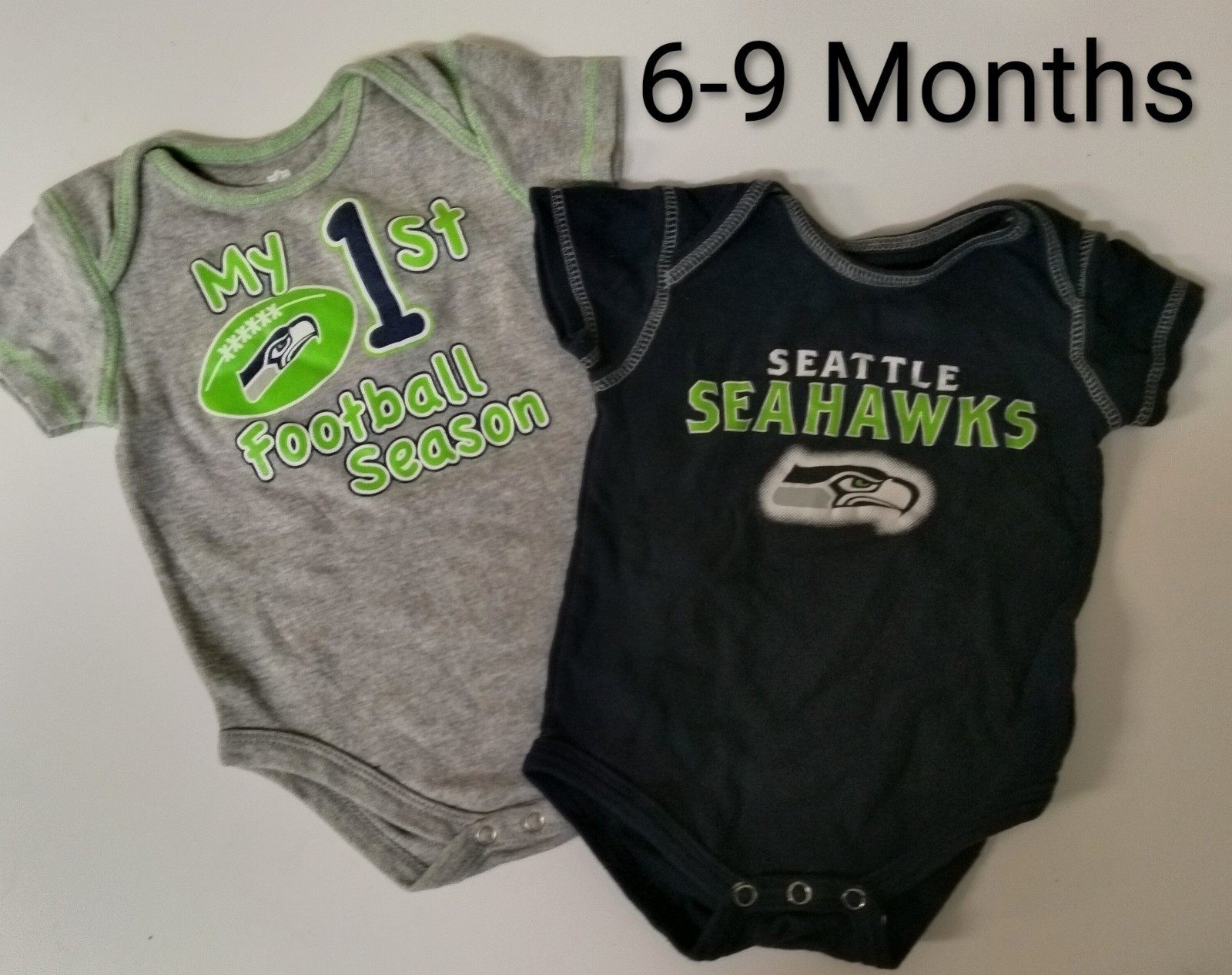 Qty 2 SEATTLE SEAHAWKS NFL One Piece Bodysuit Romper Size 6-9 Months 100% Cotton