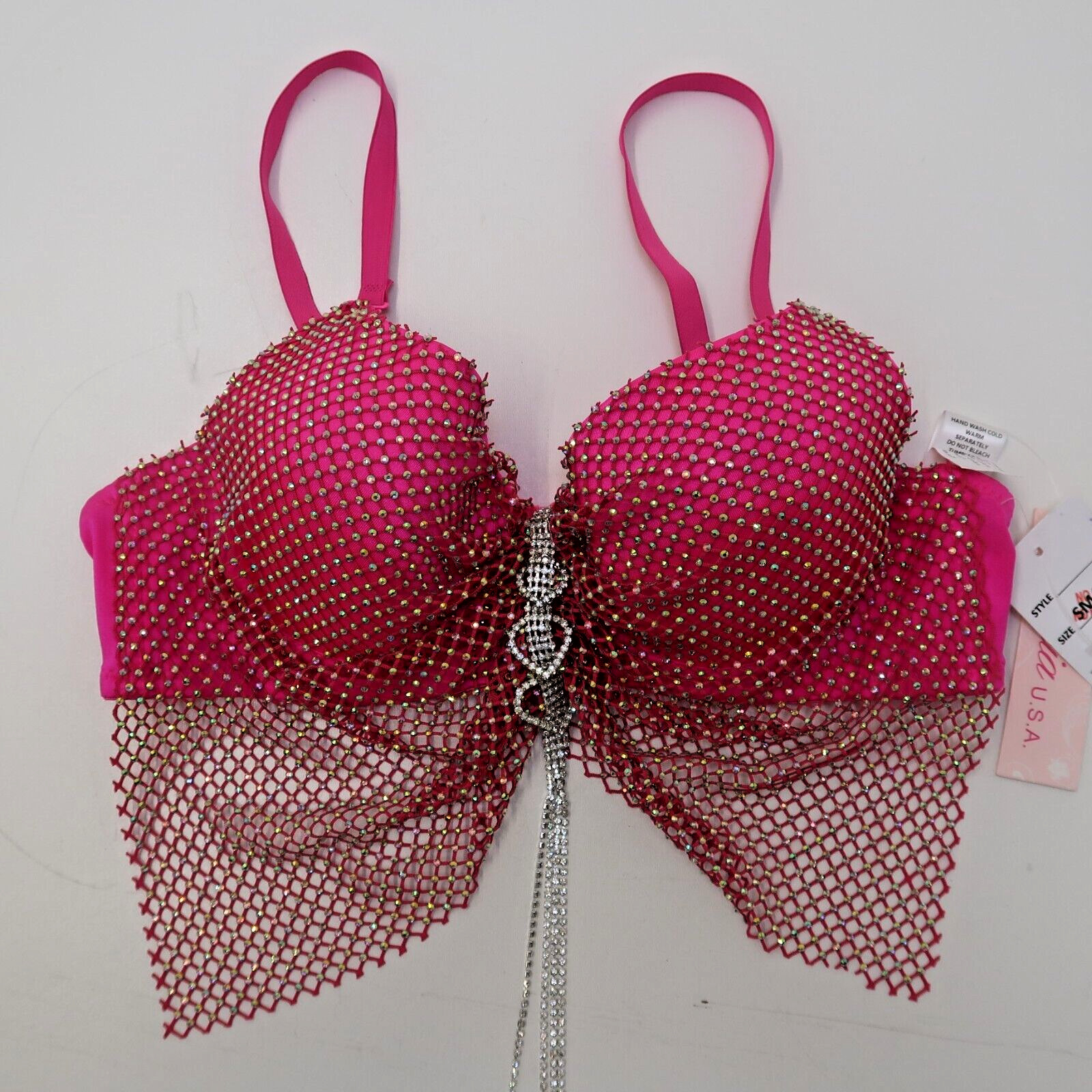 Lydia USA Crystal Rhinestone Tassel Glam Pink Bustier Crop Top Size Small Dance