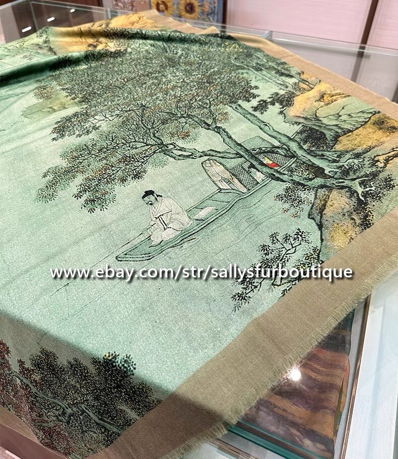 Pure Cashmere Ring Scarf Wrap Shawl Oriental Painting Thin Soft Delicate 78″*39″