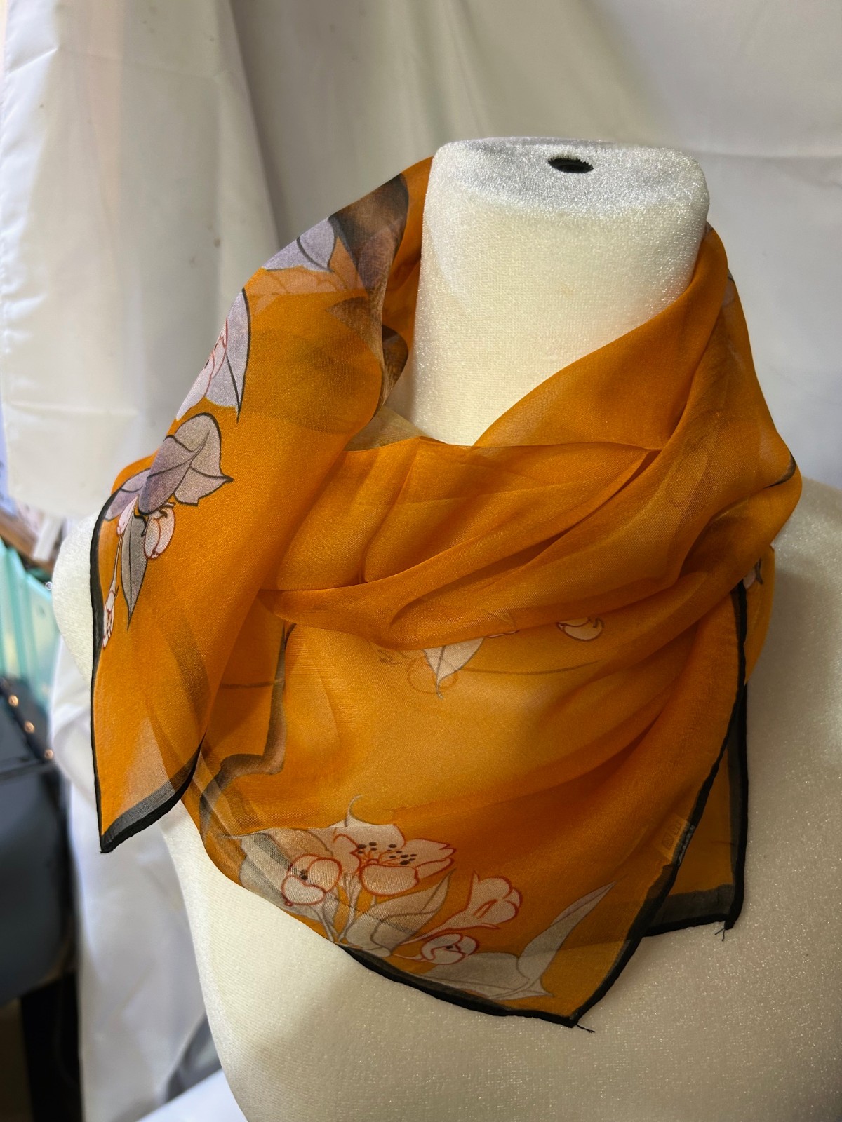 26 Inch Medium Square Orange, Tan and Black Floral Pattern 100% Silk Scarf-SS-33
