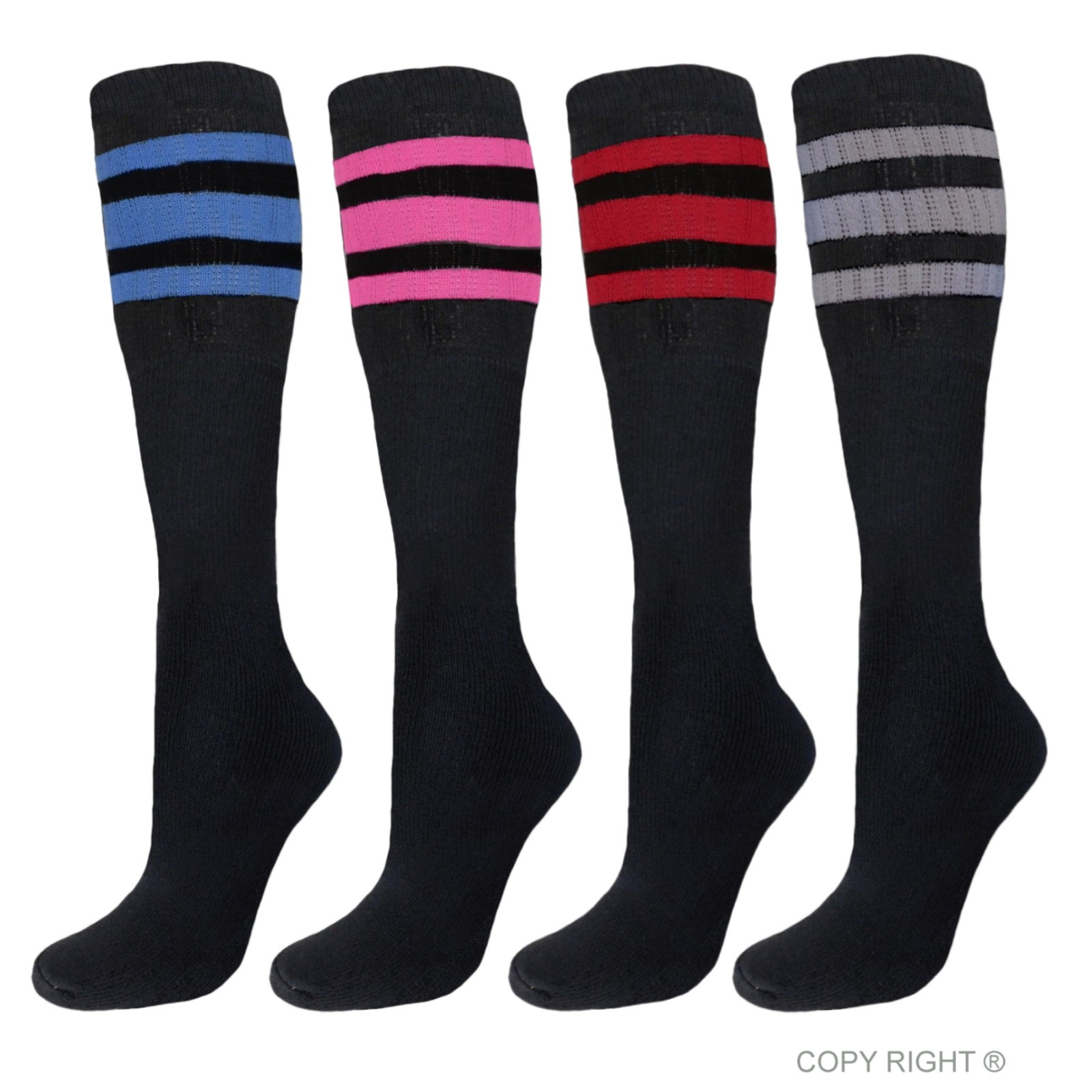 4PK TUBE SOCKS COTTON 22 INCHES OLD SCHOOL SOCKS BLACK ASSORTED STRIPED COLORS