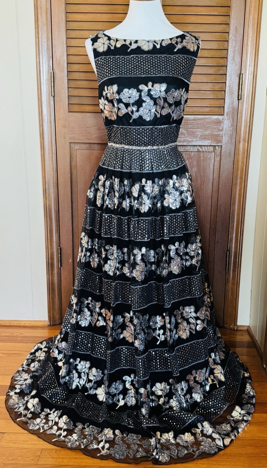 Tahari ASL Black Silver Floral Sequin Maxi Embroidered Crinoline Gown size 10
