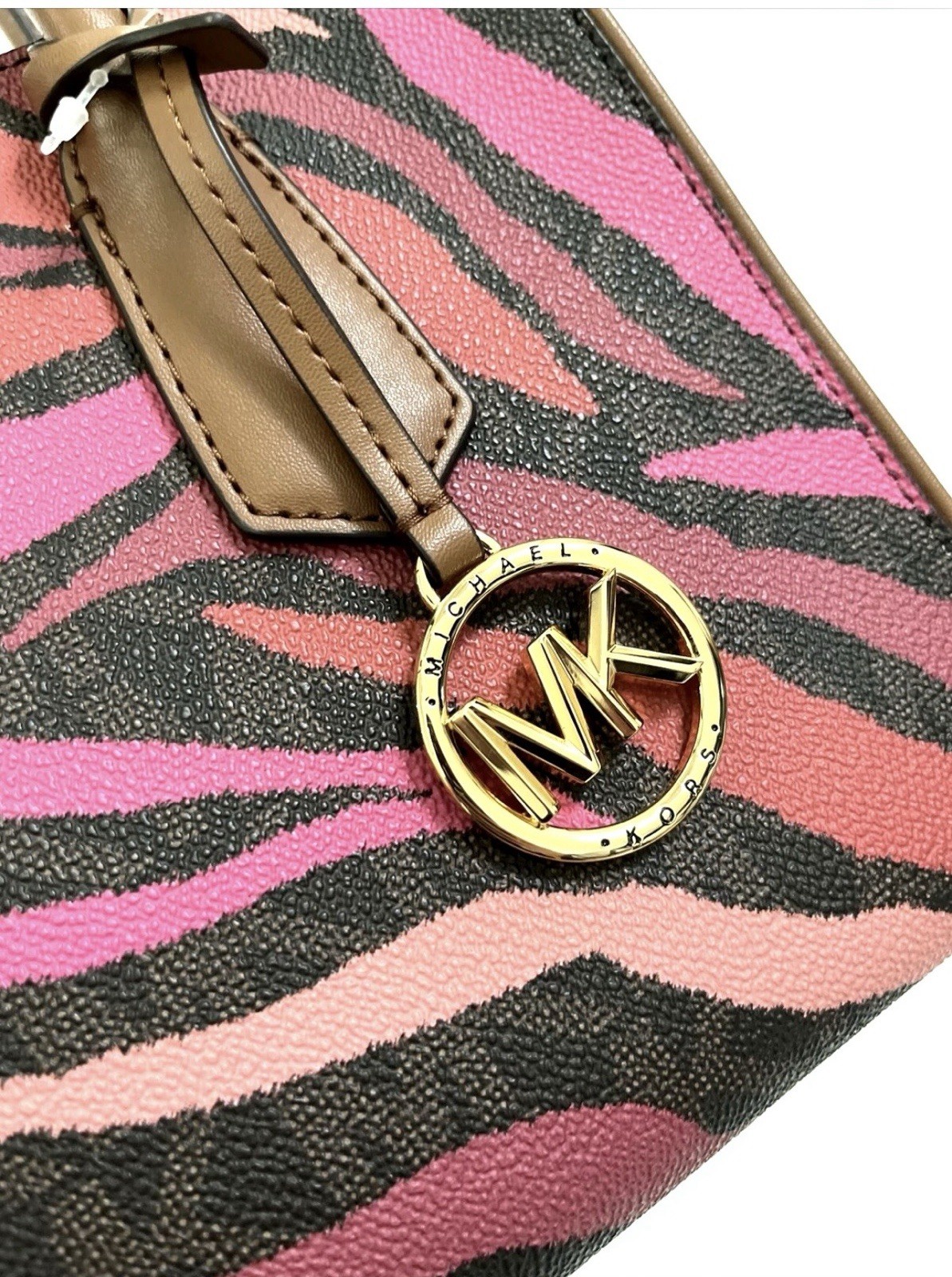 Michael Kors Small Zebra Print Satchel Top Handle Zip, Inner Pockets Gold